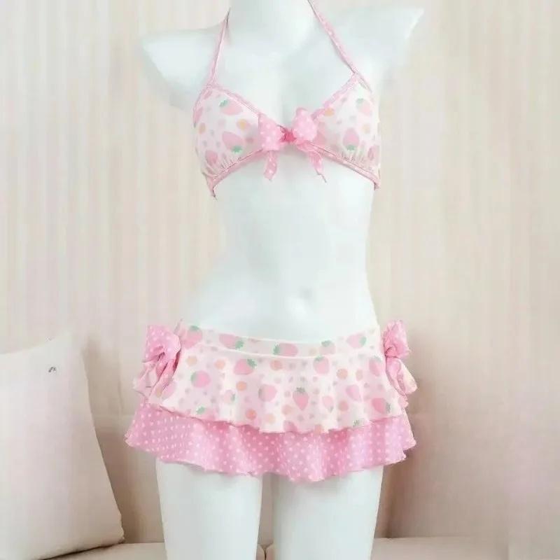 Women Y2k Sweet Bikini Set Japanese Kawaii Print Ruffles Lolita Swimsuit Crop Top + Skirt Two Piece Swimwear Beach WearBeach photography