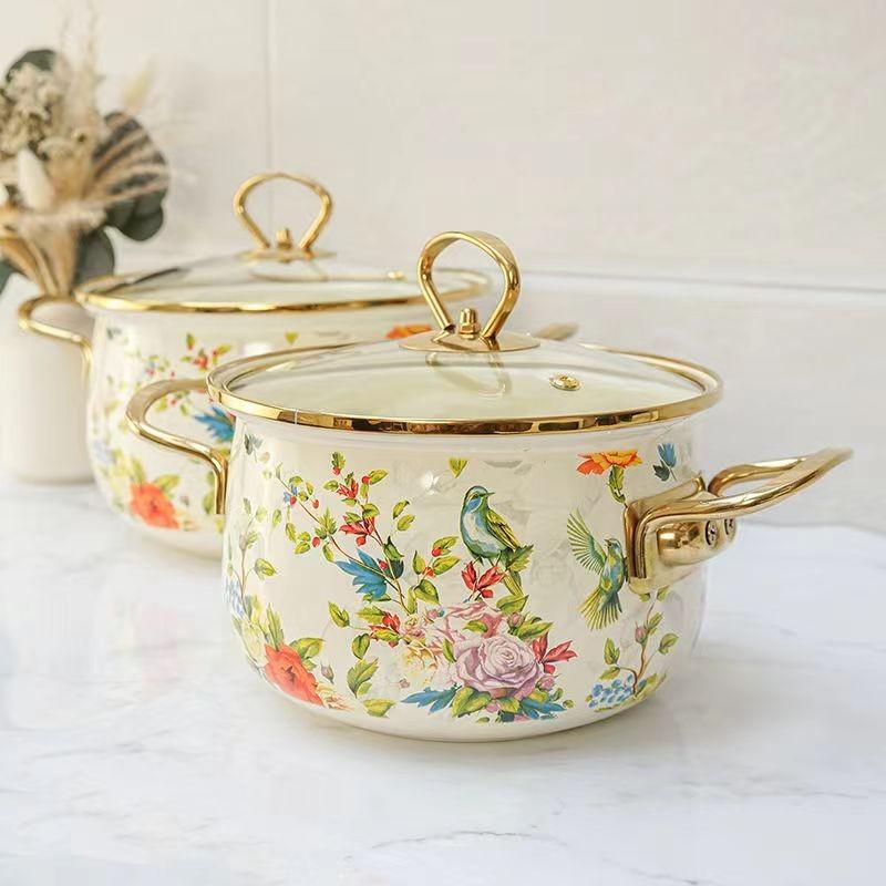 Flower Pattern Stockpot with Lid, Ceramic Soup Pot with Handle, Large Capacity Cooking Pot for Home Kitchen, Double Ear Design