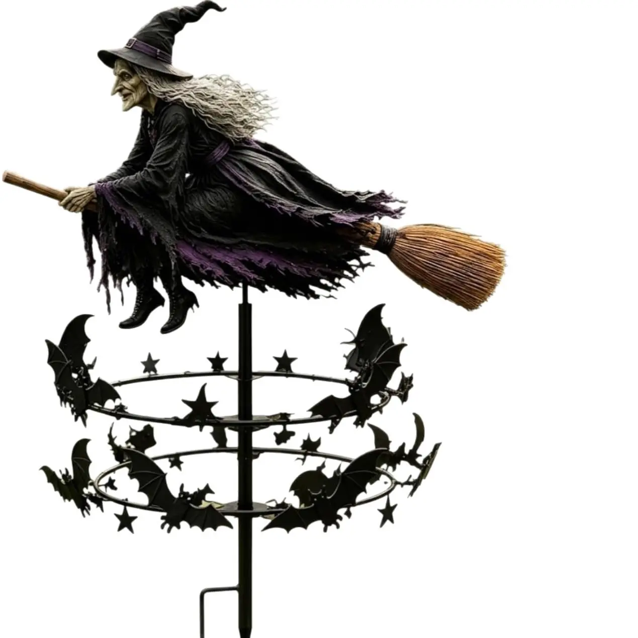 Halloween Outdoor Yard Spinner – Witch Flying on Broom & Rotating Bat Wind Decoration, Spooky Garden Lawn Ornament for Halloween Party Decor Easy Setup Yard Prop  Suitable for outdoor gardens and party settings