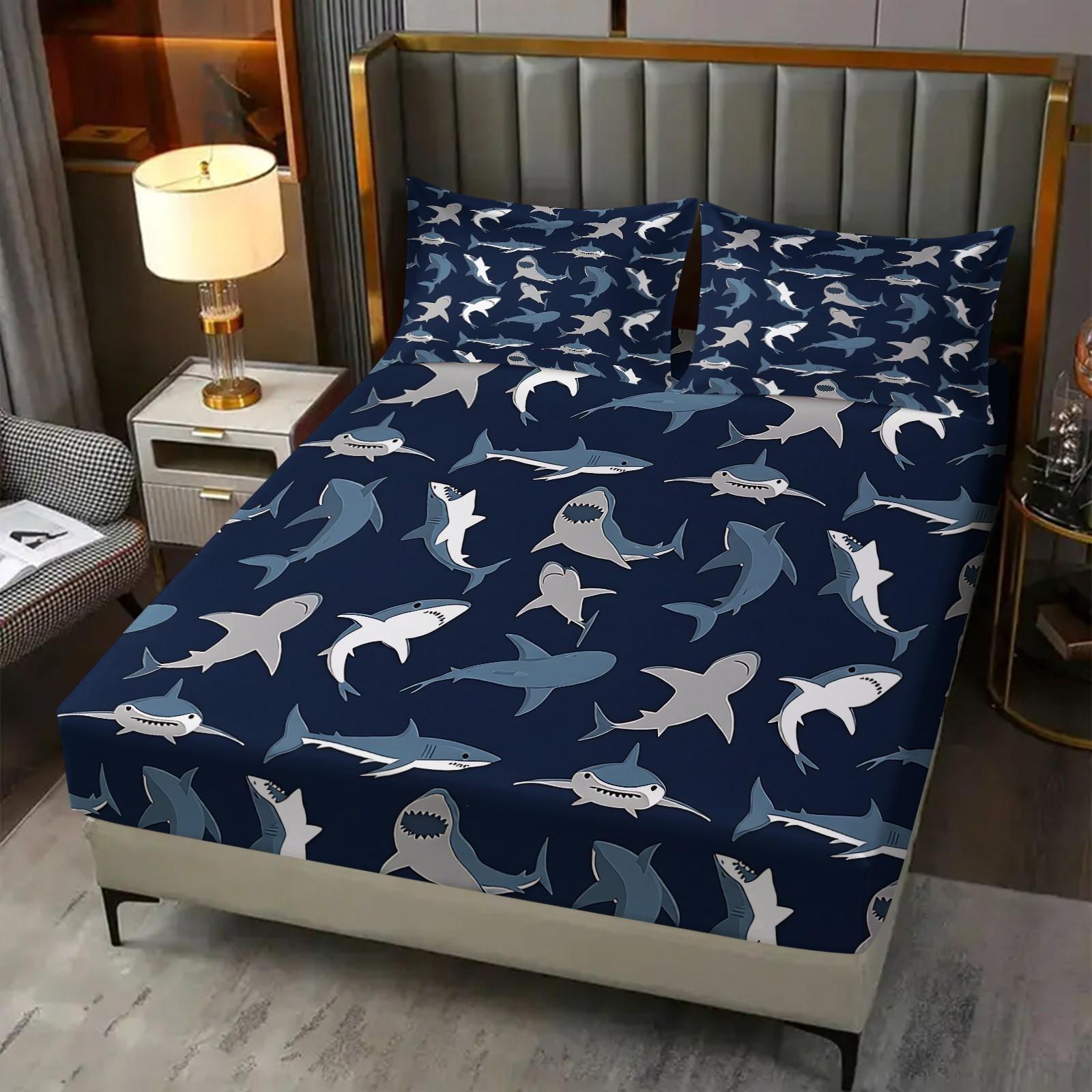 3PCS Cute Shark Pattern Fitted Sheet Set, Ocean Animal Bed Sheet Set, Soft Microfiber Bedding Set (No Fillers),Marine Animals Bedding Set for Kid Teen Boys Girls