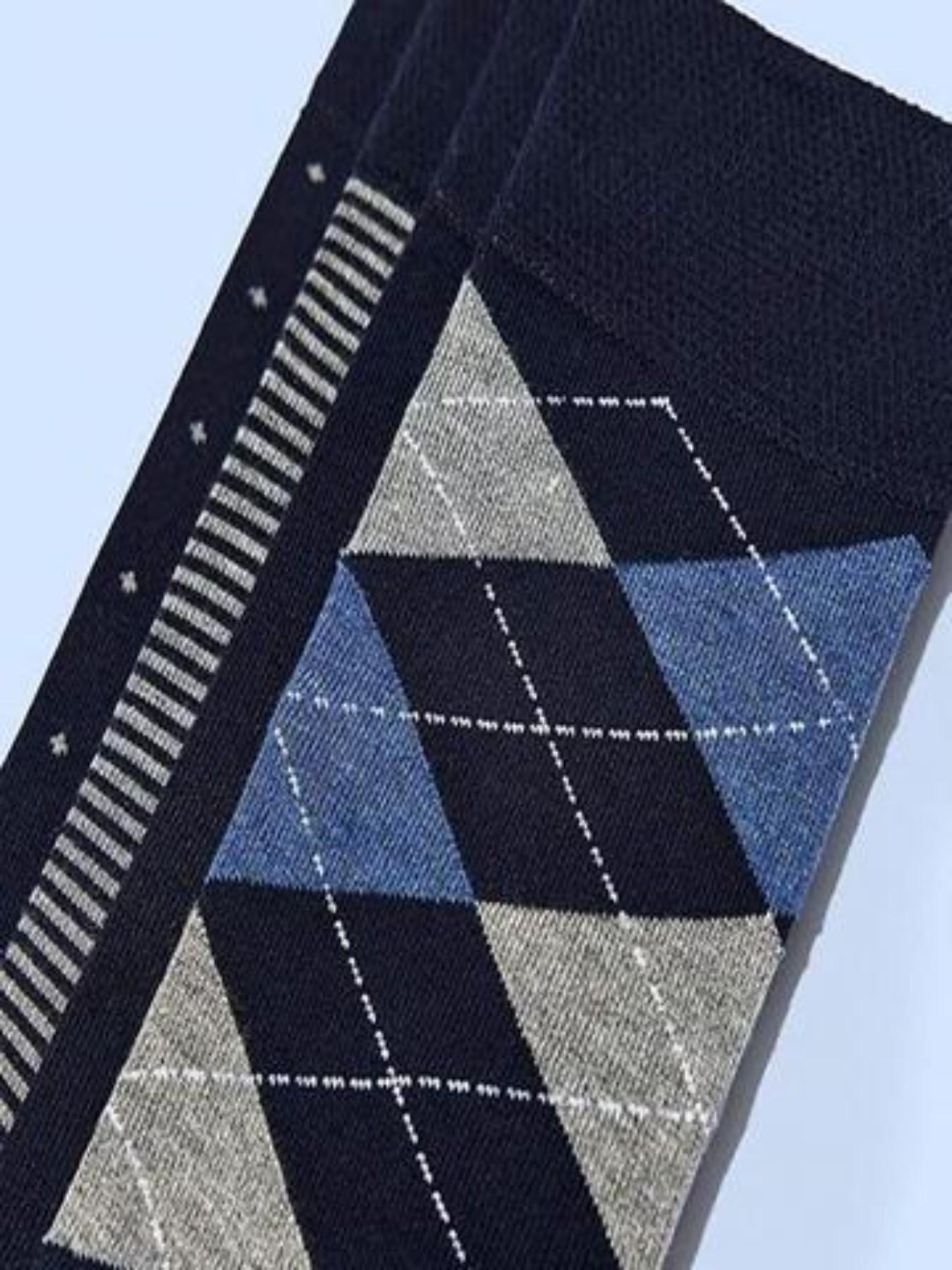 5 Pairs Men's High-Cut Solid Socks, Business Style Premium Sports Socks, Long Cuff Checkered Socks, Comfortable Breathable All-Season Socks