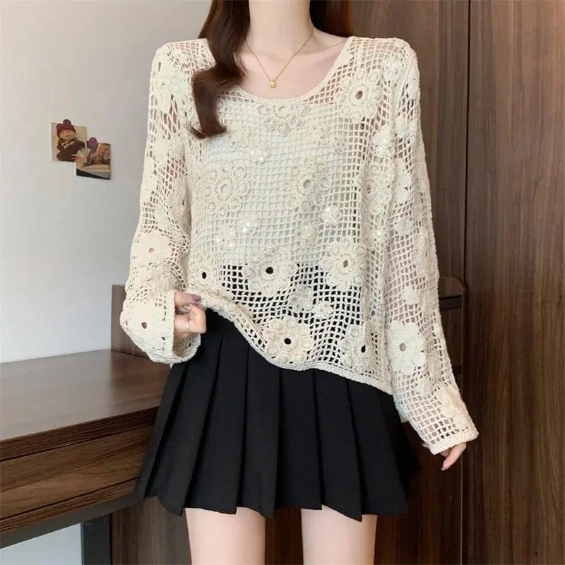 Sequined Floral Crochet Knit Blouse Women Long Sleeve Open-work Guipure Lace Tops French Style Spring Summer Hippie Boho Chic