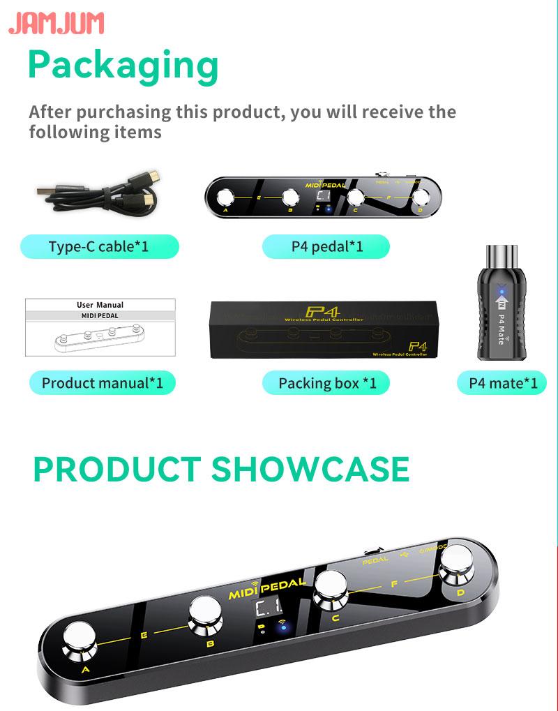 JAMJUM Wireless Midi Control Pedal with 4 Buttons, USB Rechargeable Battery, with APP, Portable Design for Music Production & Performance