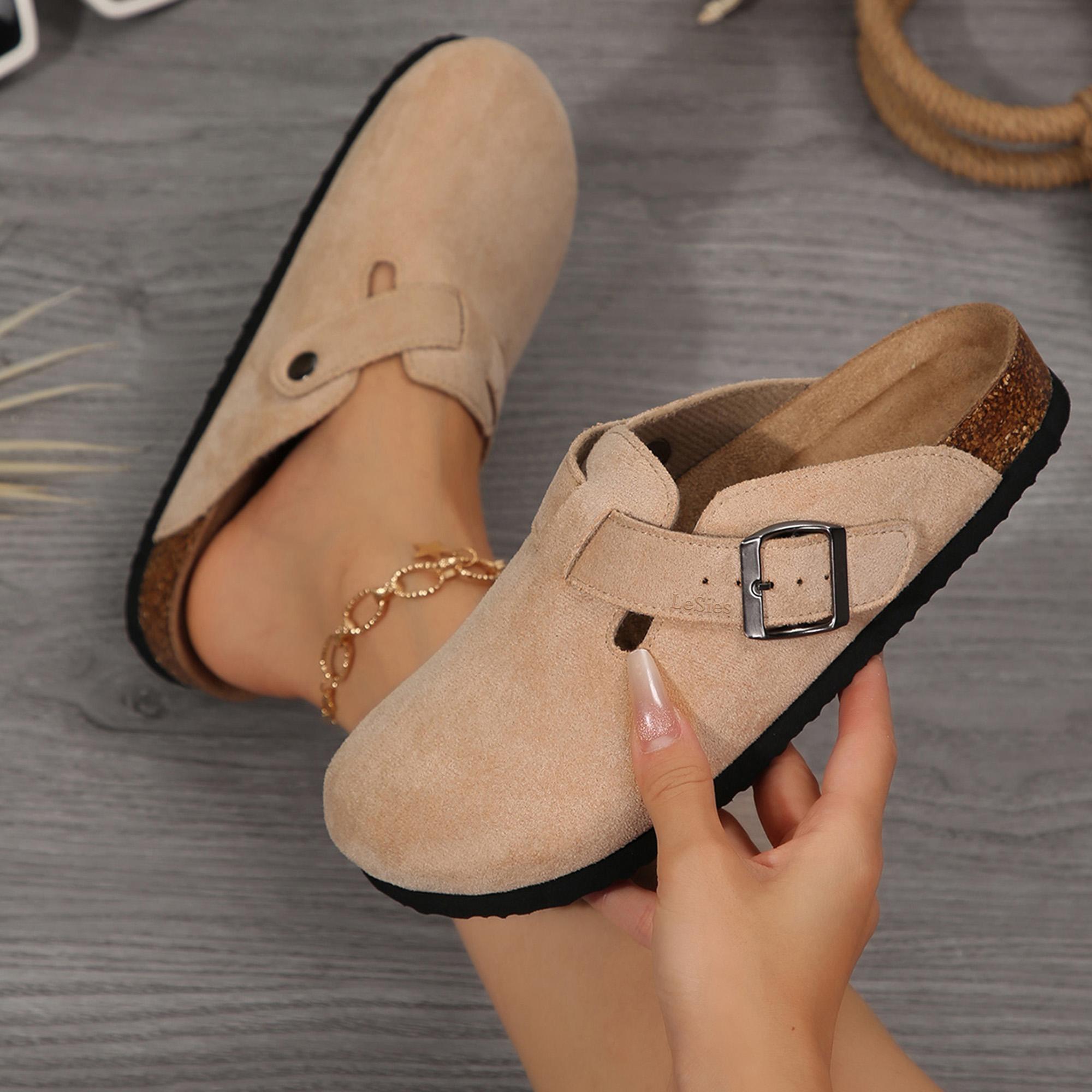 Women's Comfortable Slippers Suede Leather Cork Footbed Potato Shoes with Cushioned Cork-Footbed Springfresh