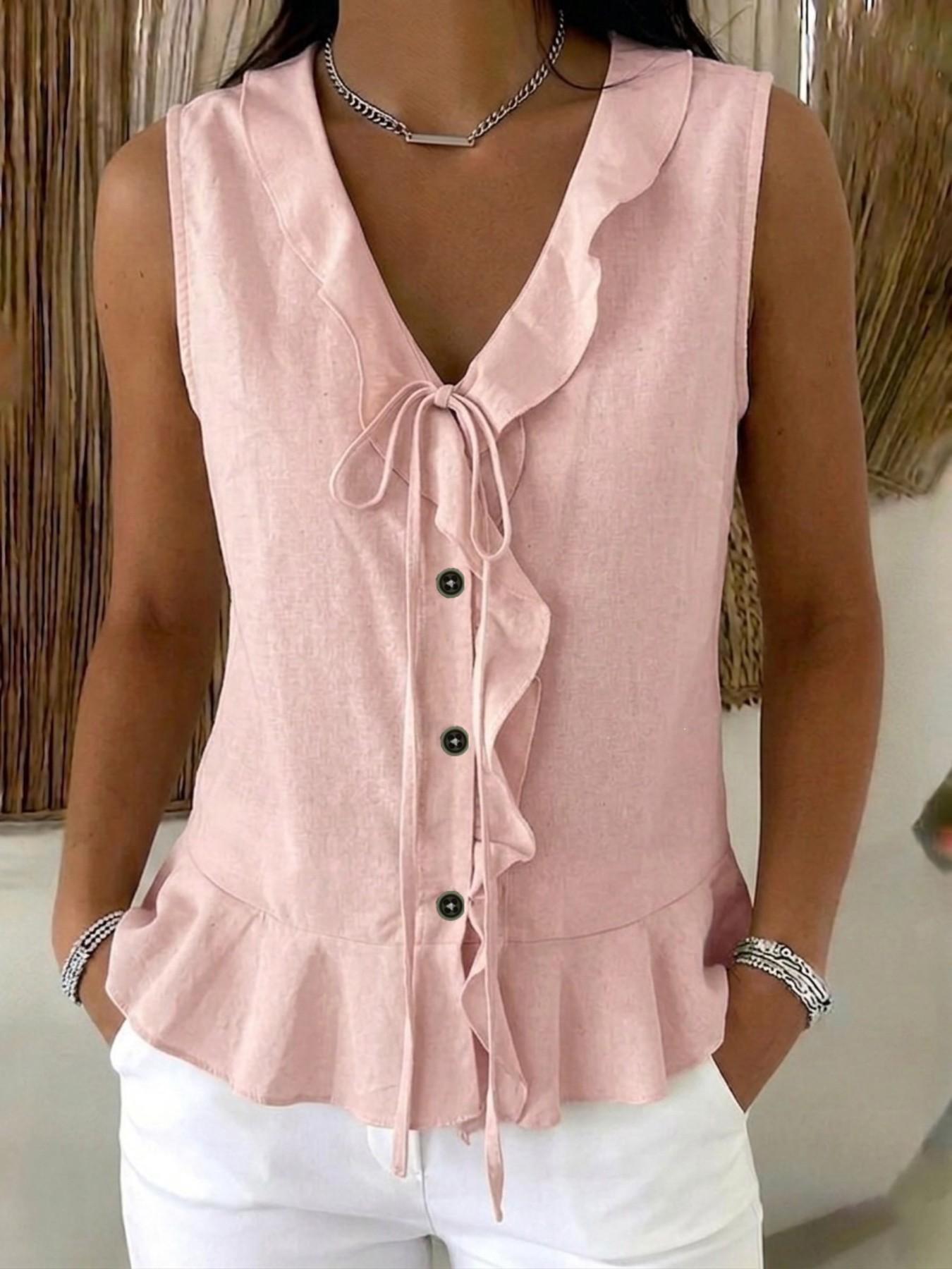 Women's V-Neck Ruffle Tie Sleeveless Top Aesthetic Casual Comfortable Daily Wear, 8 Colors Available
