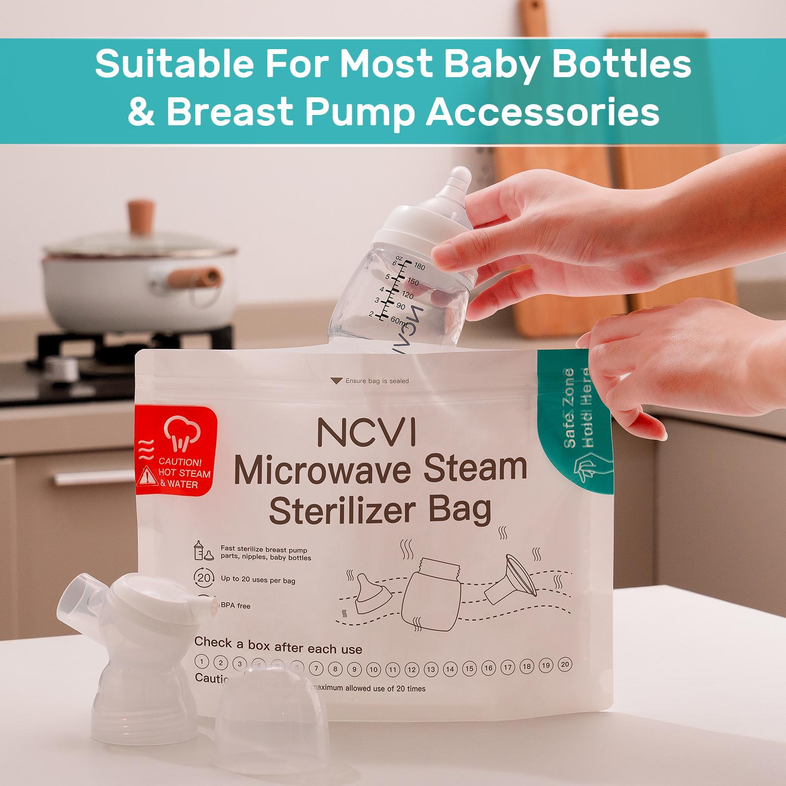 NCVI Microwave Sterilizer Bag for Baby Bottles, Pacifiers, Teethers & Breast Pump Accessories – BPA-Free, Reusable, Rapid Sterilization, 15 Pack, Suitable for Travel or Home