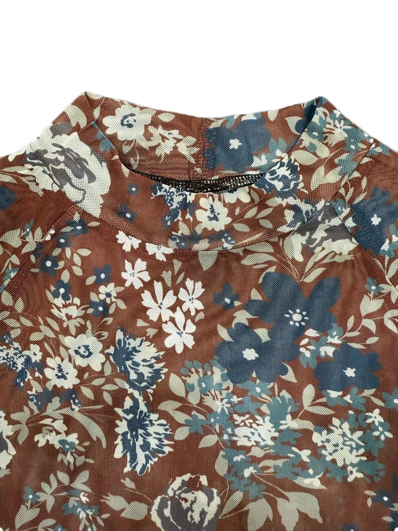 Women's Long Sleeved Mesh Lace Top, Ditsy Floral Print Tee, Fashion Casual Mock Neck T-shirt for Daily Outdoor Wear, Ladies Clothes for Spring & Fall