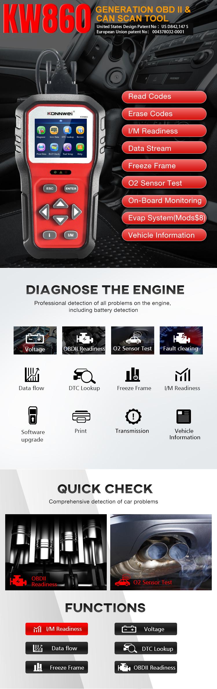 KONNWEI KW860 Unique OBD2 Scanner Code Reader, OBD2 Car Diagnostic Tool, Engine Fault Diagnosis, Can Scan Instrument with I/m Preparedness