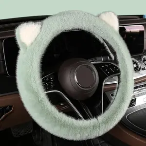 Car Steering Wheel Cover Universal Anti-Slip Cat Ear Winter Plush Warm Steering Wheel Protective Cover 38CM Cute Pink Shape O D
