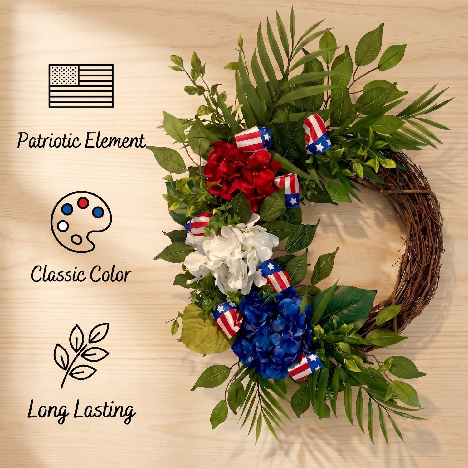 Patriotic Theme Artificial Hydrangea Woven Garland, Blue Hydrangeas with American Flag Design, Rural Cottage Style, Outdoor Decor