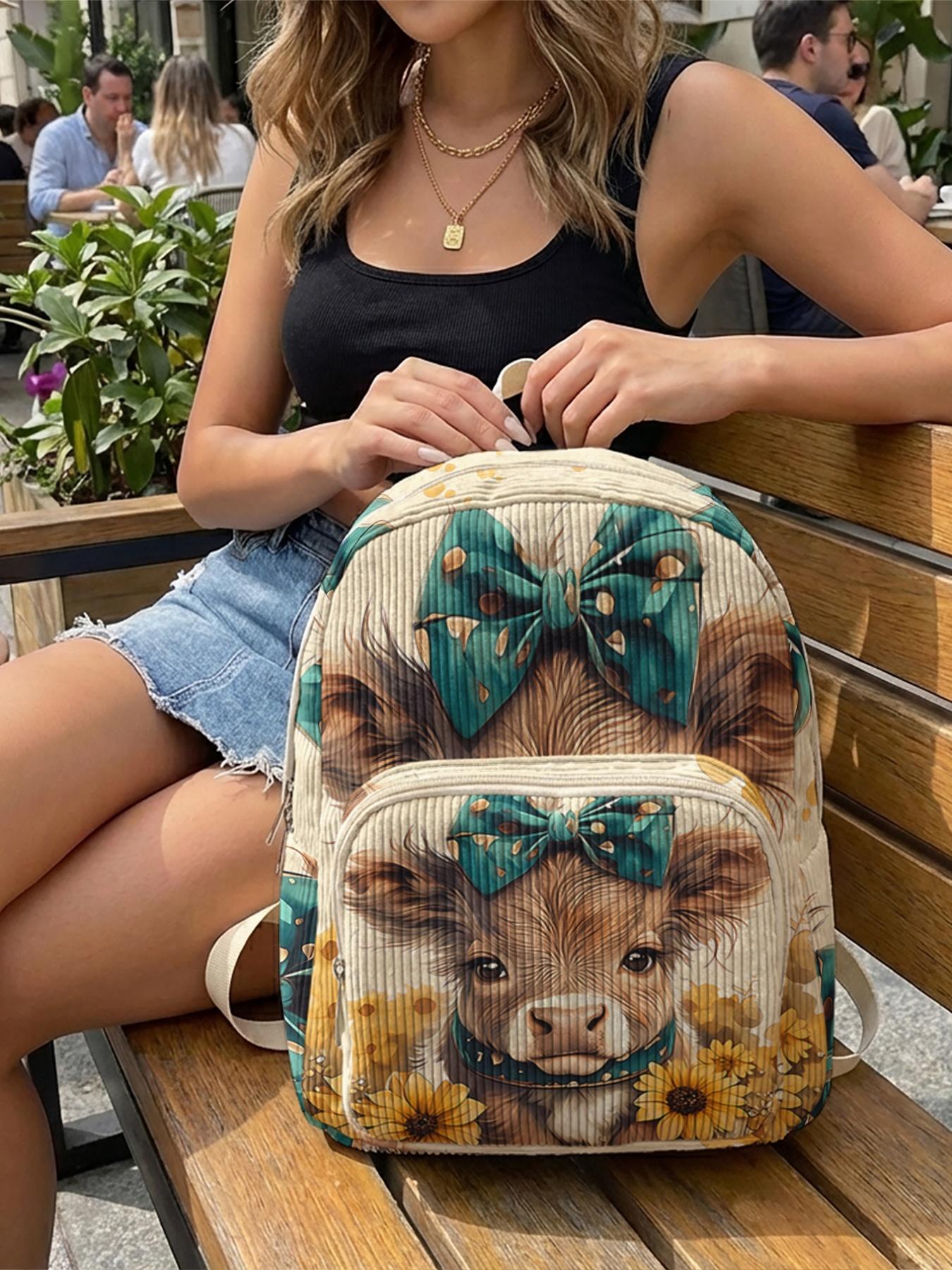 1 piece of dog and flower pattern 2D printed ladies' backpack, Casual Backpack, velvet texture + layered storage + light weight reduction | perfect for students to go to class/shopping/short trips | combines atmosphere with practicality