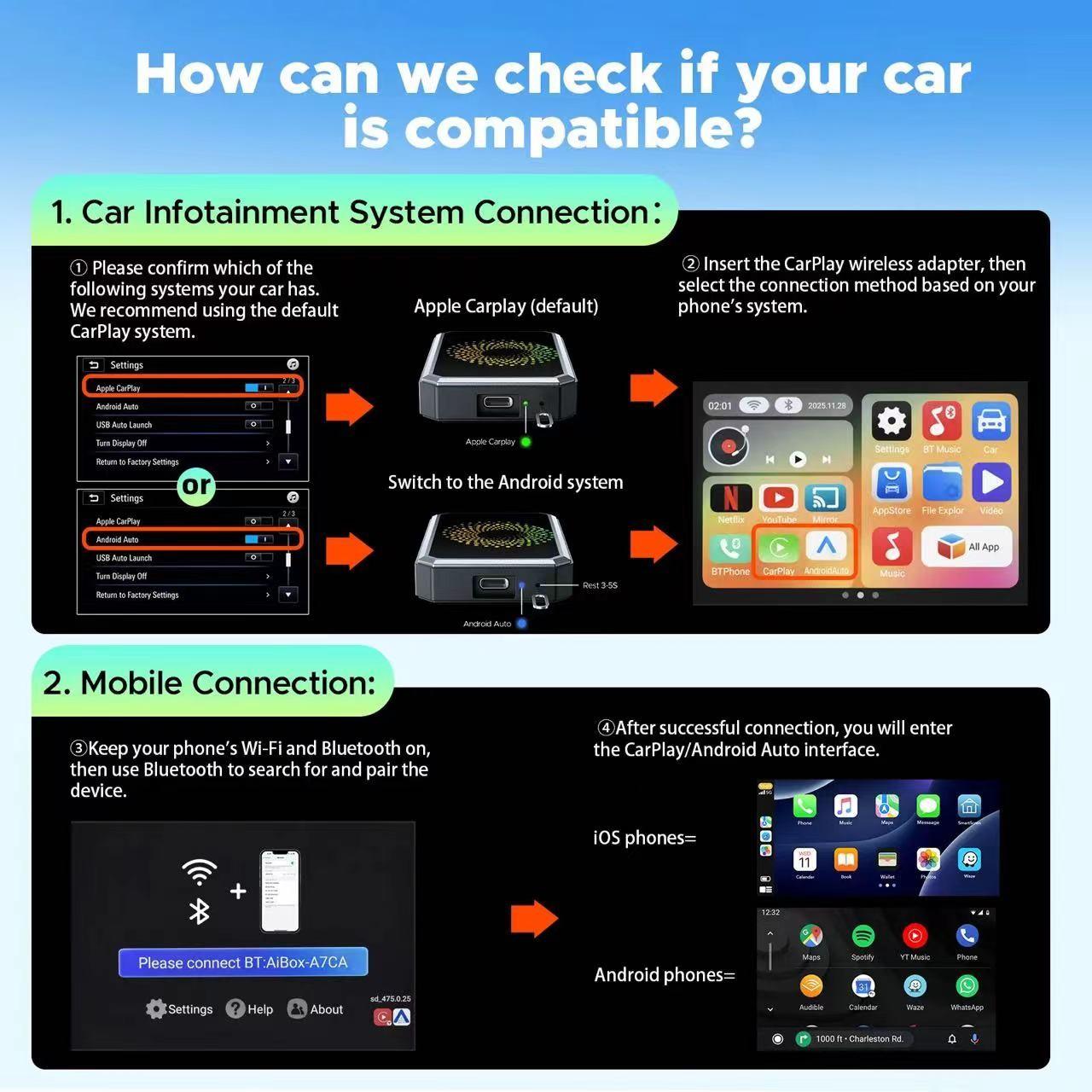 Screen Mirroring Adapter for Car, Supports Netflix Youtube Tiktok Google Play, 3-In-1 Wireless Streamer, Compatible with Original Carplay Vehicles