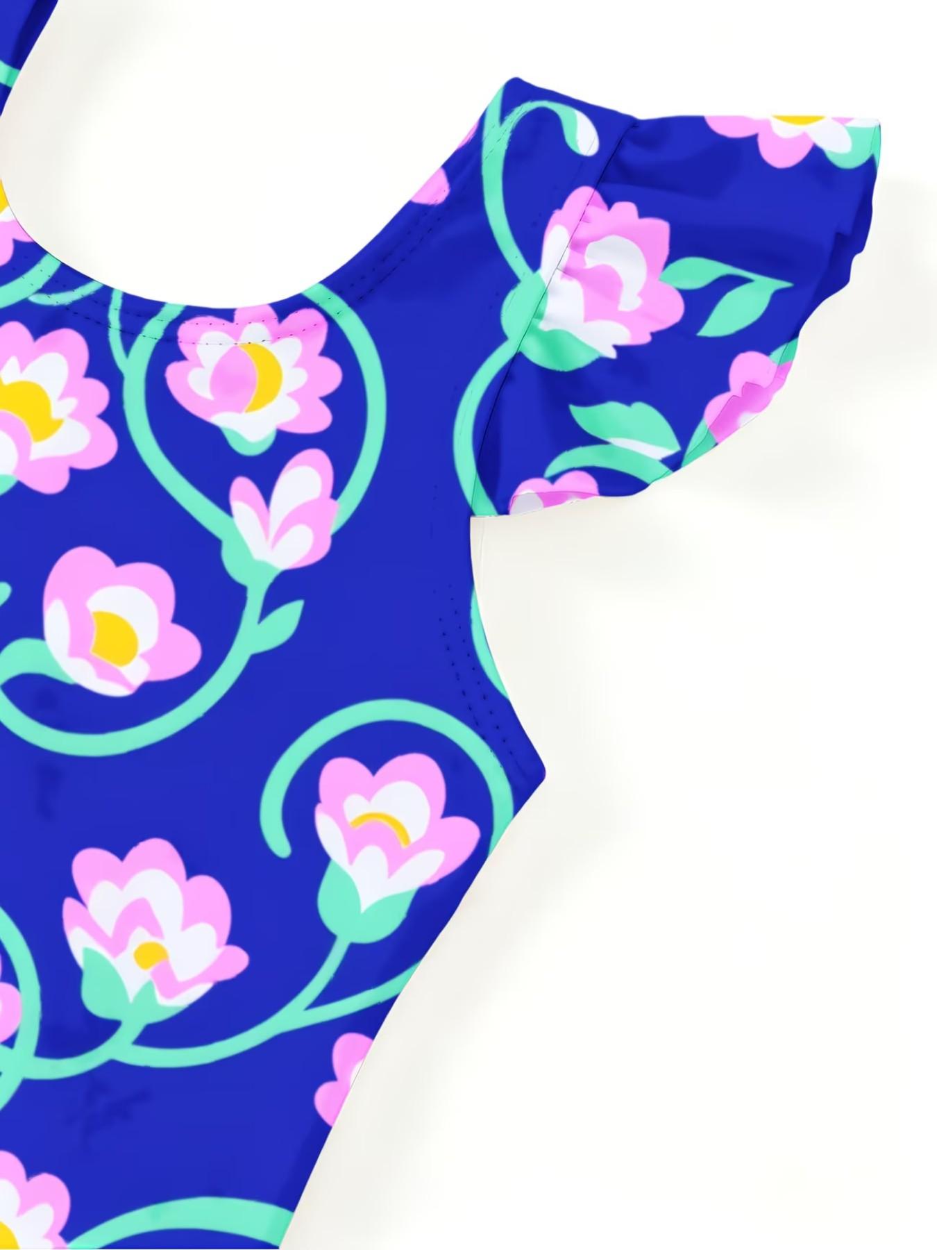 Floral Print Girls' Jumpsuit, Cute Cartoon Design, Ruffled Quick-Dry Swimwear, Fashionable Beach Party, Slim-Fit Style