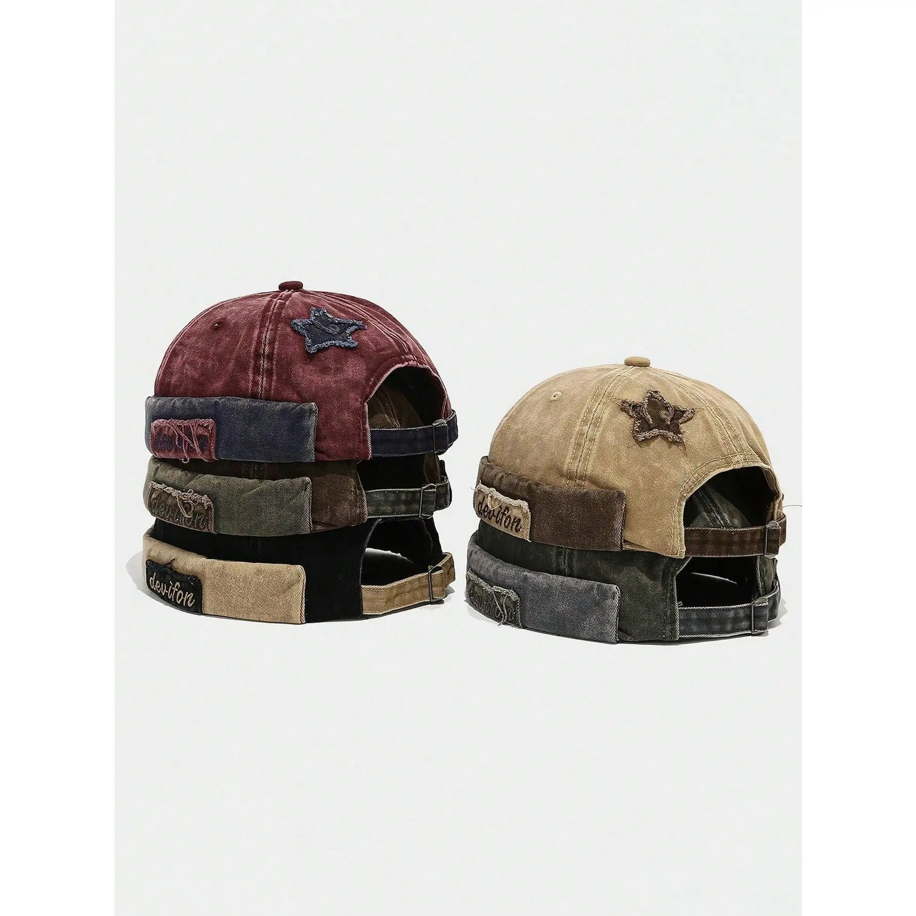 Adjustable Brimless Knit Cap, Buckle Closure, Washable, Unisex Grunge Y2K Retro Washed Star Patch Brimless Docker Hat For Women Men Distressed Frayed Star Vintage Retro Cap Adjustable Retro Streetwear Dad Hat Unisex