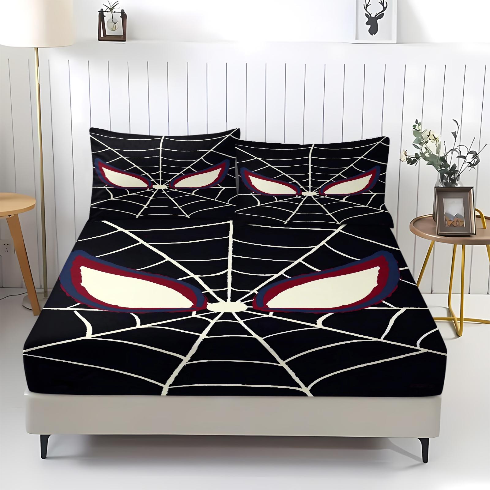 Spider web pattern printed bed sheet, Decorative Bedsheet Sets, warm and comfortable bedding, anti slip dust cover suitable for children's bedroom decoration, including 1 bed sheet and 2 pillowcases