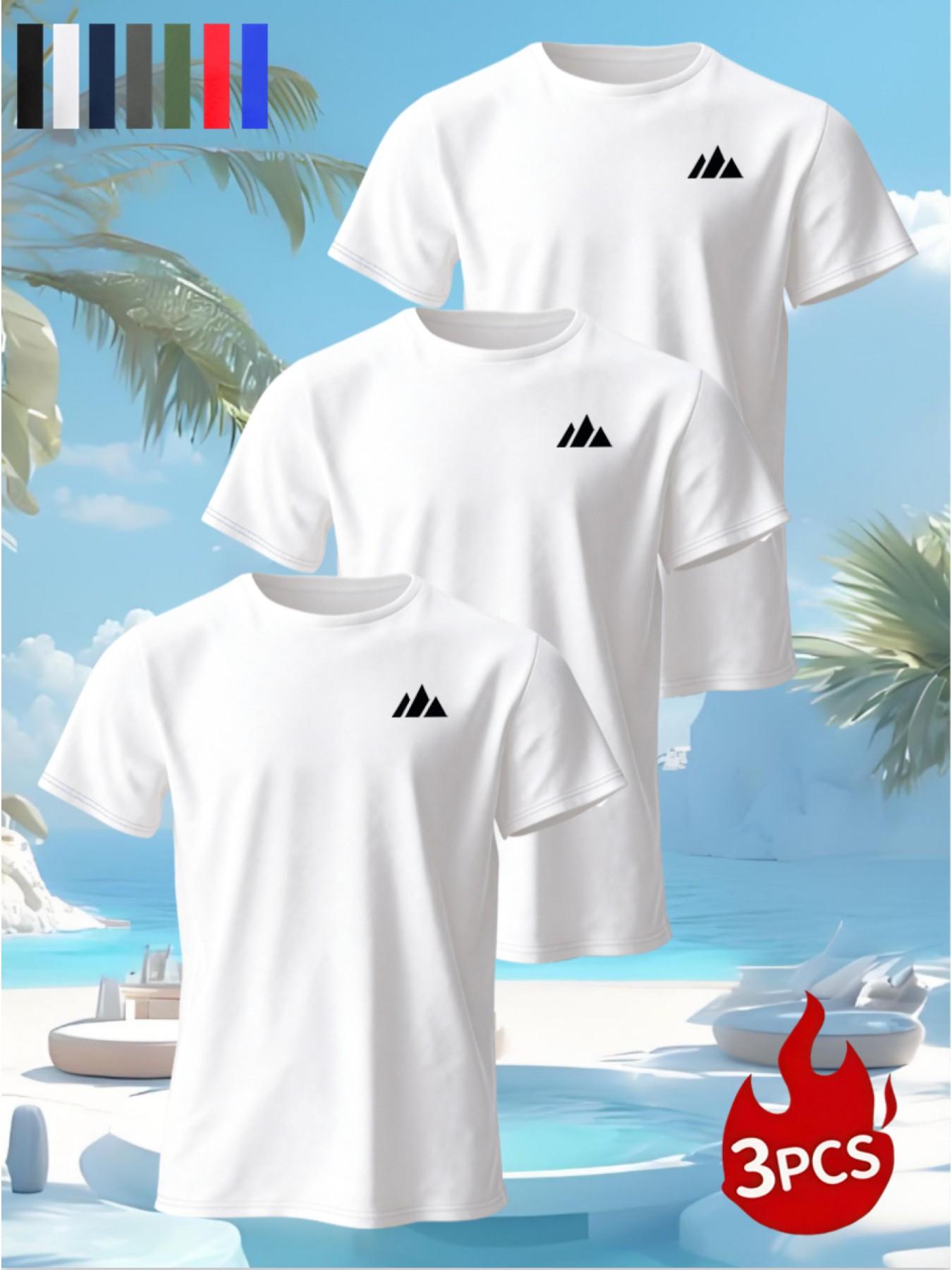 3-Pack Summer Sporty Mountain Print T-Shirts, Soft Breathable Polyester Crew Neck, Casual Comfort, Smooth Touch, Multiple Colors Available