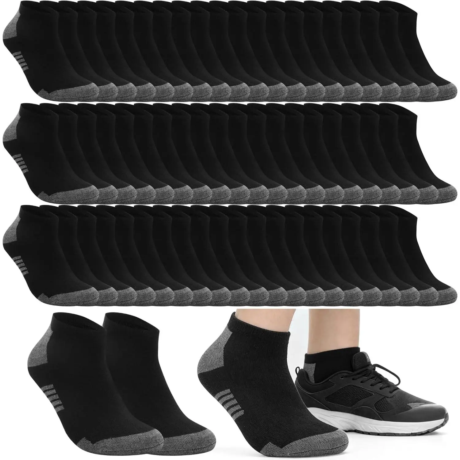 30 Pairs Men's Lightweight Ankle Socks Size 13-15, Big and Tall Thin Low Cut Socks, Breathable Multi-Pack, Non-Bulky Daily Casual Socks, Black & Grey
