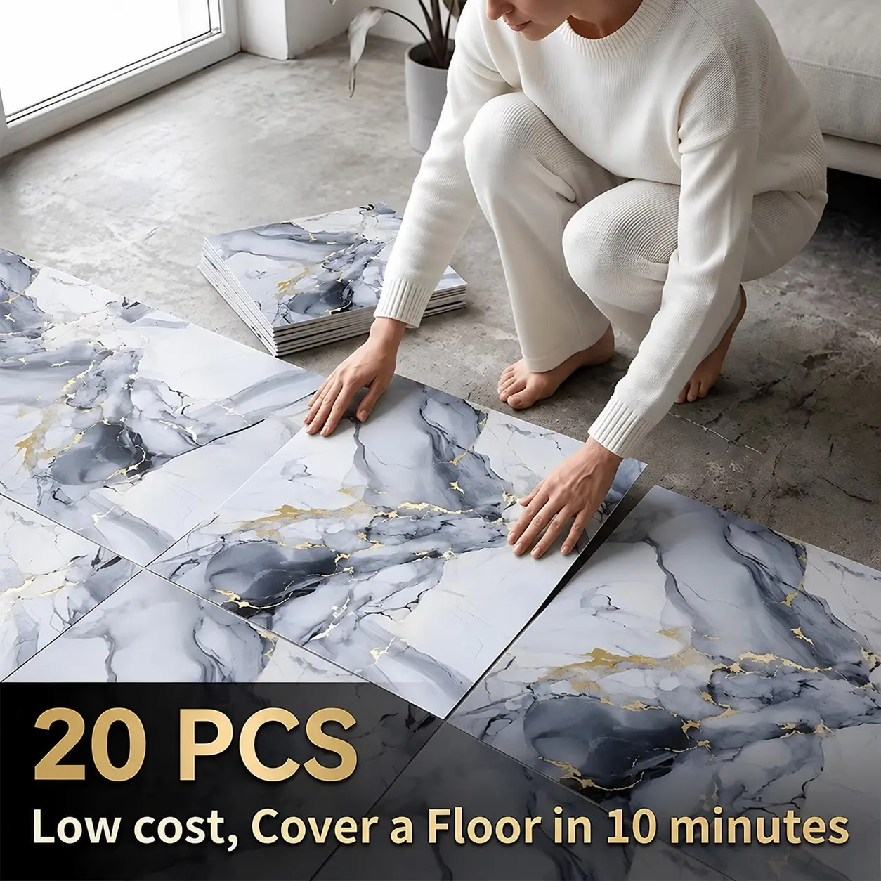 20pcs Self-Adhesive Wall and Floor Stickers, Waterproof Oil-Resistant DIY Tiles, Kitchen Bathroom Bedroom Living Room Decor, Easy Maintenance