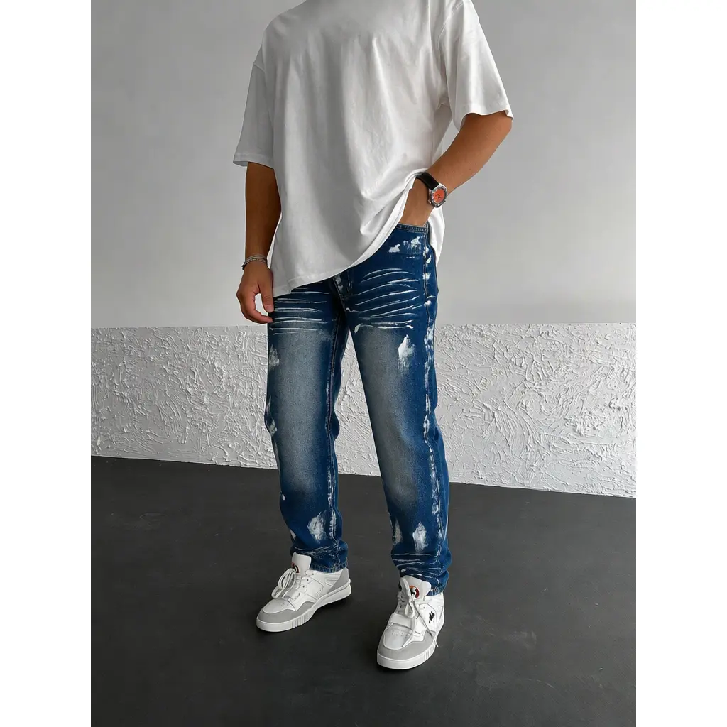 Men's Dark Blue Distressed Denim Jeans, Casual Slim Fit Trousers with Paint Splatter Effect, Vintage Washed Design, Classic Streetwear Style, Five-Pocket Fashion Pants for Everyday Wear, Weekend Outfits and Travel
