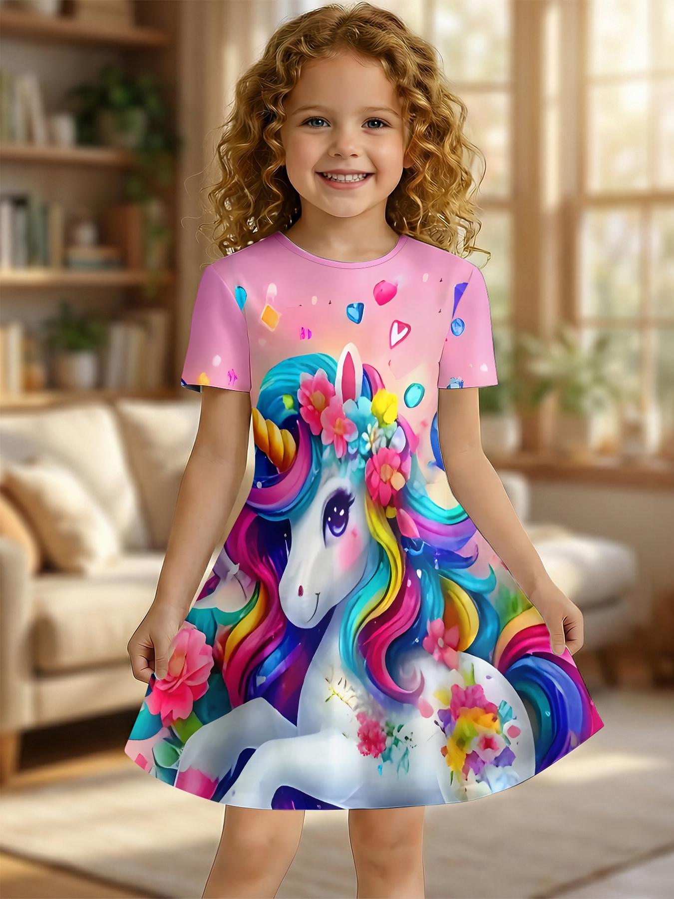 Girls Summer Flower Unicorn Print Dress, Kids Pink Heart Crew Neck Short Sleeve A-Line Dress