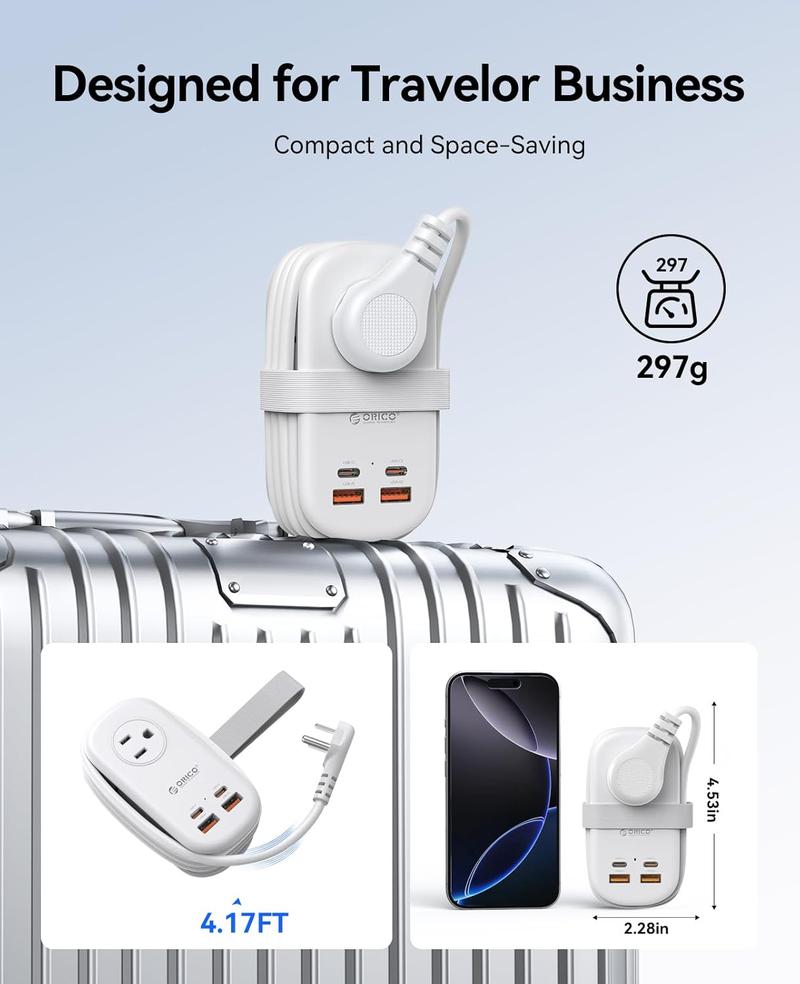 ORICO 7-in-1 Travel Power Strip, 3 AC Outlets + USB-C/USB-A Fast Charge (20W or 65W PD GaN), 4FT Wrapped Extension Cord, Flat Plug, Compact for Hotel, Dorm, Cruise, and MacBook/iPhone Devices - AP3 20W/65W