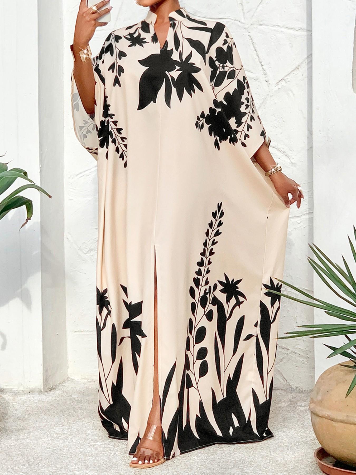 Women's Elegant Long Sleeve V-Neck Batwing Sleeves Split Design Casual Dress, All Season Plus Size Fit Fashion Commuter Wear