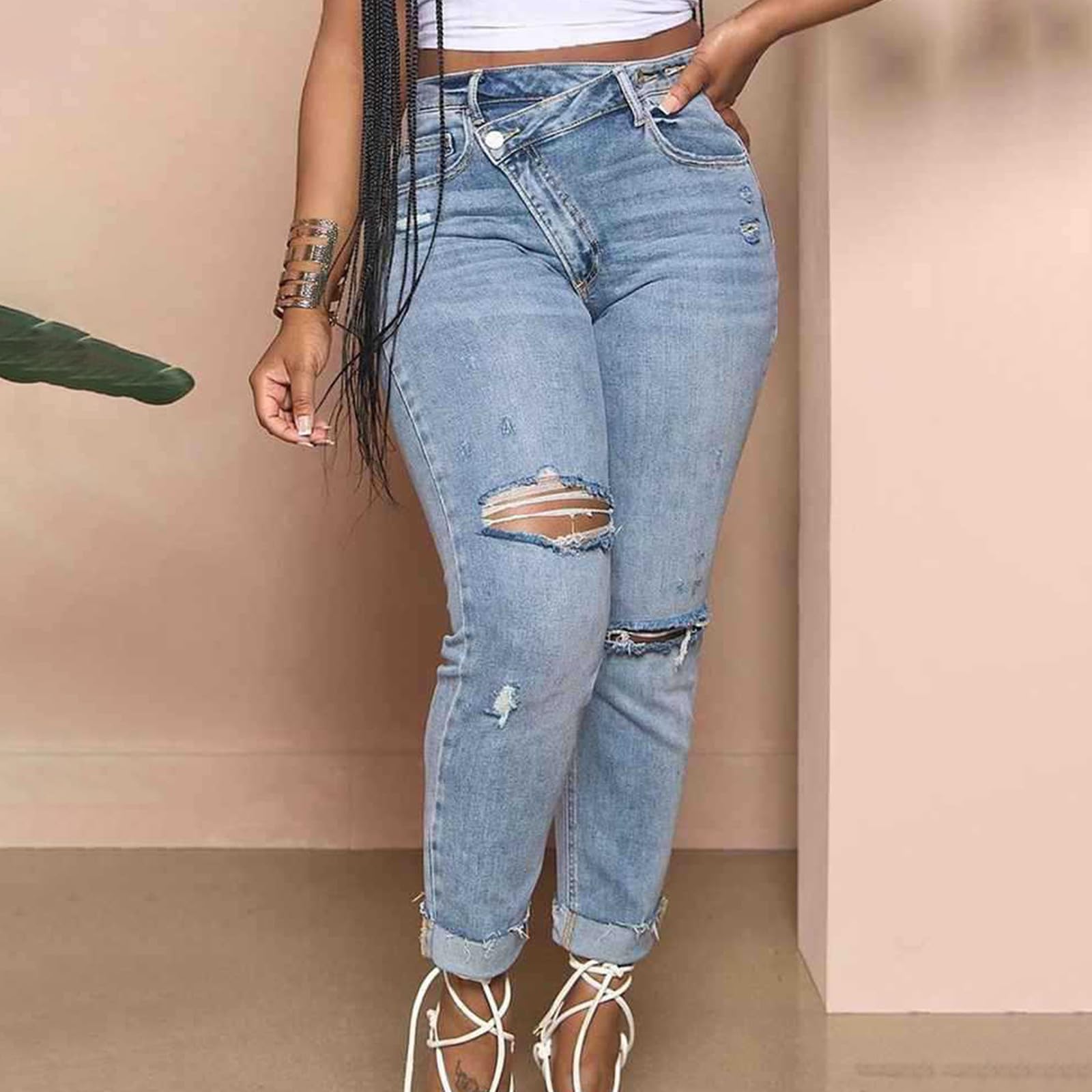 MNLYBABY Women's Skinny Ripped Jeans Mid-Rise Stretch Ripped Denim  Women's Curve-Shaping Skinny Jeans