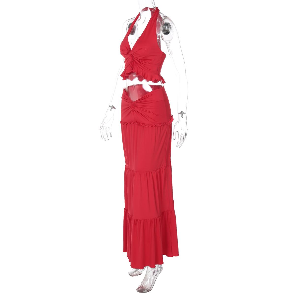 Solid Color Backless Crop Top & Ruched Skirt Two Pieces Set Women's Sleeveless Halter Neck Top & Skirt Ladies Summer Fall Clothes for Party Holiday Vacation Beach Boho Valentine's DayGift Outfit SpringStatements