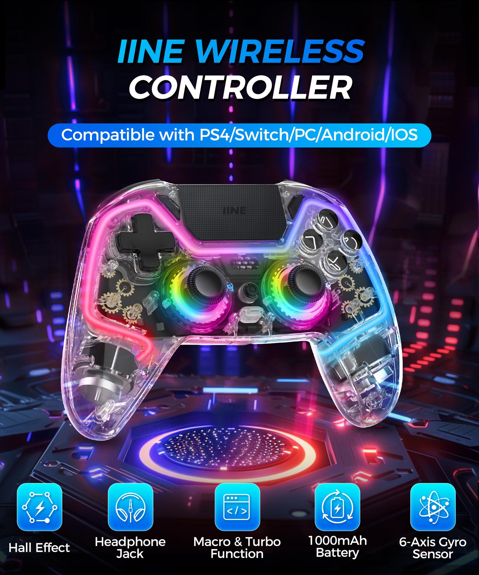 IINE Bastet Wireless Transparent Controller for PS4/Switch/PC/Android/iOs with Touchpad Hall Effect Trgger Hall Joystick Headphone Jack Macro & Turbo 6-Axis Gyro Sensor