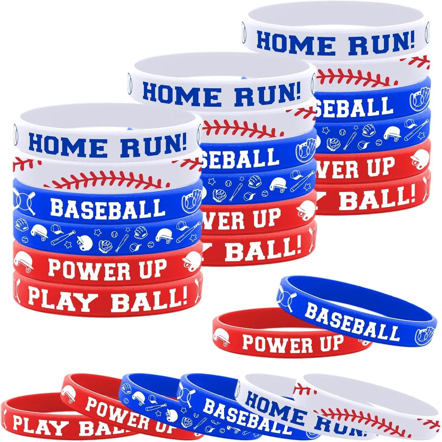 Baseball Theme Rubber Bracelets - 48 Count, 6 Styles, Motivational Texts, Round Band, Stretchable Fit | Classroom Rewards, Team Event Prizes, Fashion Accessory Bangles