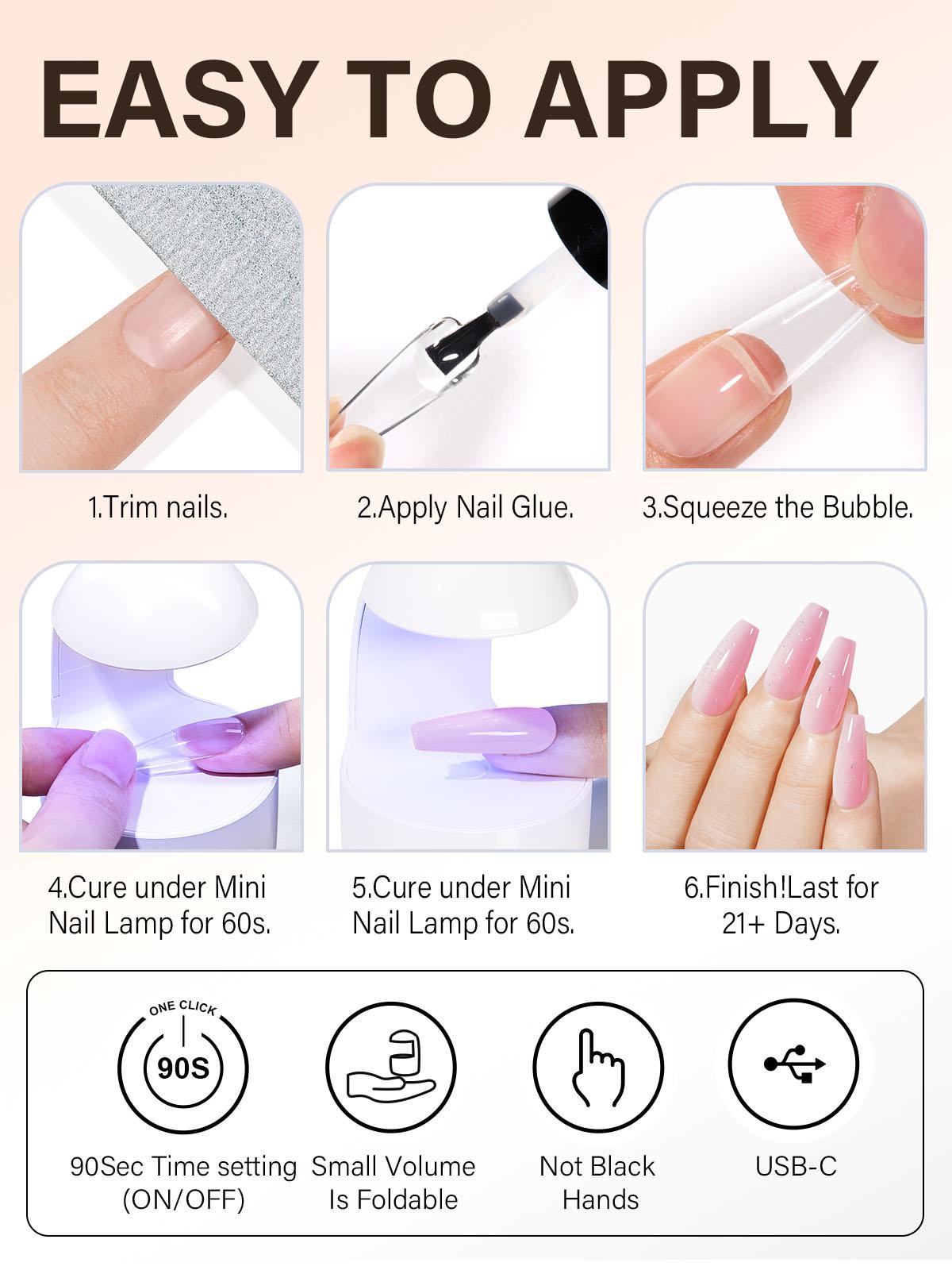 Aillsa Long Coffin French Tip Nails Set - 180pcs Sheer Pink Soft Gel Nail Tips in 15 sizes, Mini UV Lamp, Base coat and Top coat, Easy to Wear Soak Off Acrylic Fake Nails Extensions DIY Nail Art at home Christmas Birthday Gift For Women gel nail nail glue