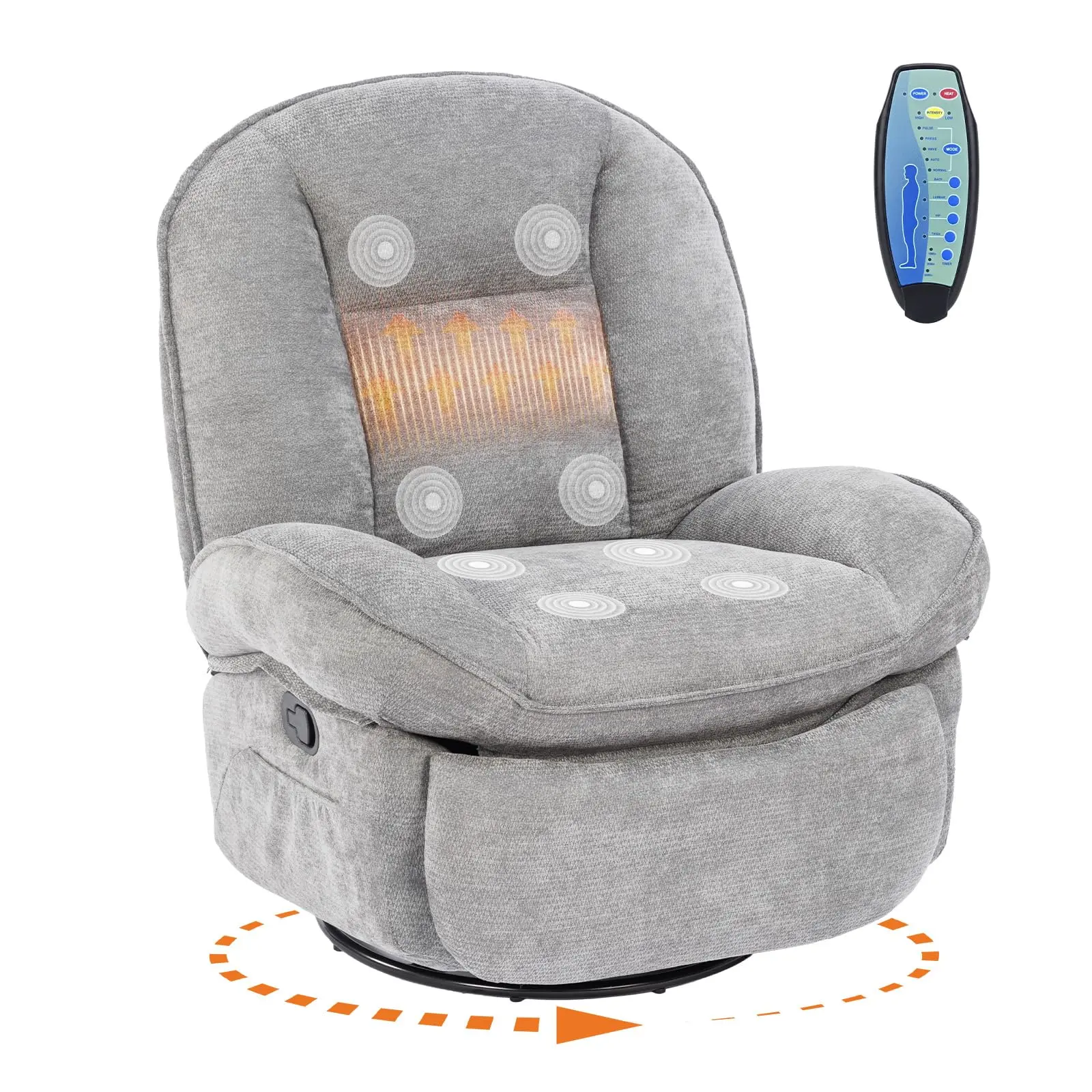 Oversized 360° Swivel Rocker Recliner Chair with Massage and Heating – Extra Wide Ergonomic Chenille Recliner with Side Pocket for Living Room or Bedroom