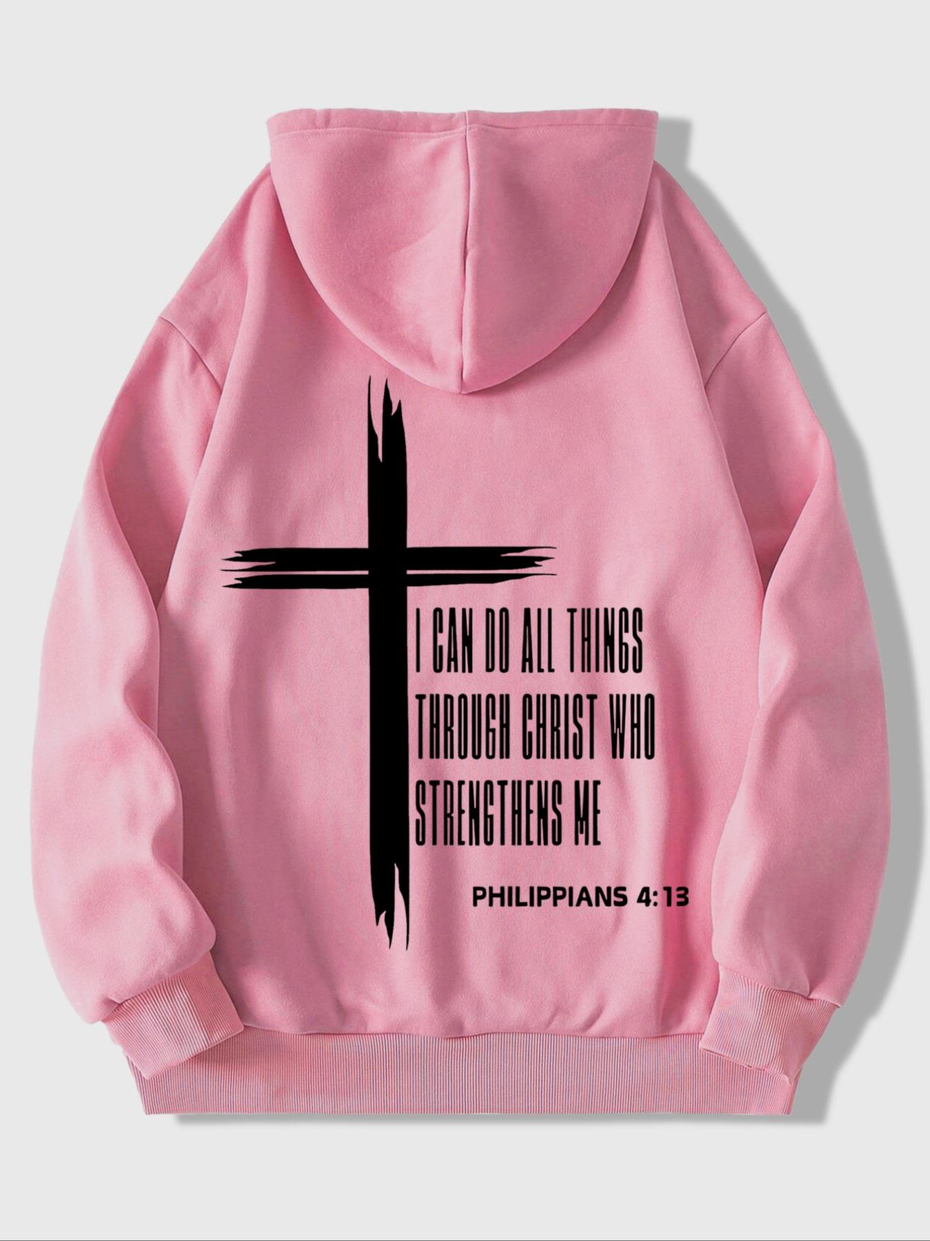 Christian Cross Hoodie, Philippians 4:13 Bible Verse Sweatshirt, Unisex Design Faith Inspiring Fitted Pullover Jacket, Casual Fall & Winter Wear