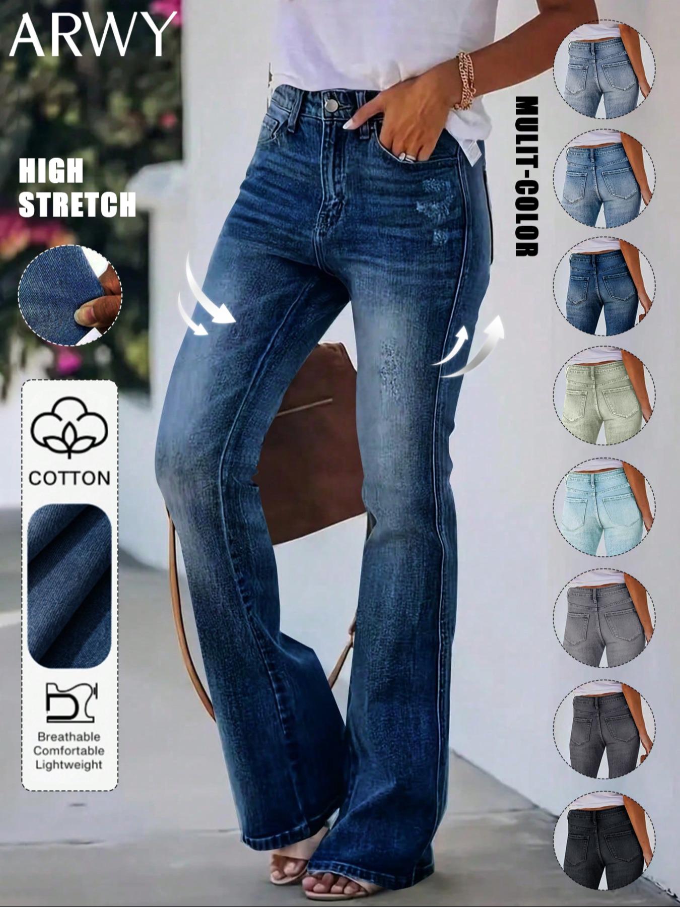 Women's Gradient-Color Slim-Fit Bootcut Jeans with Button, Fashion Mid-Rise Stretchy Washed Denim Pants, Bohemian Style for All Seasons