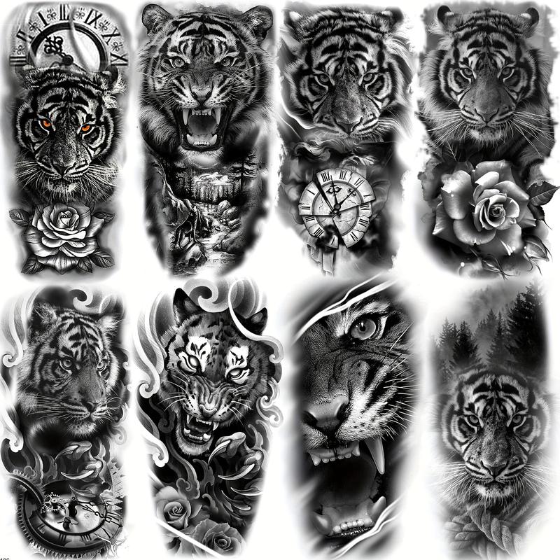 8pcs Half Arm Sleeve Skull & Rose,Animal Pattern Temporary Tattoo Sticker,Body Art Sticker For Women & Men