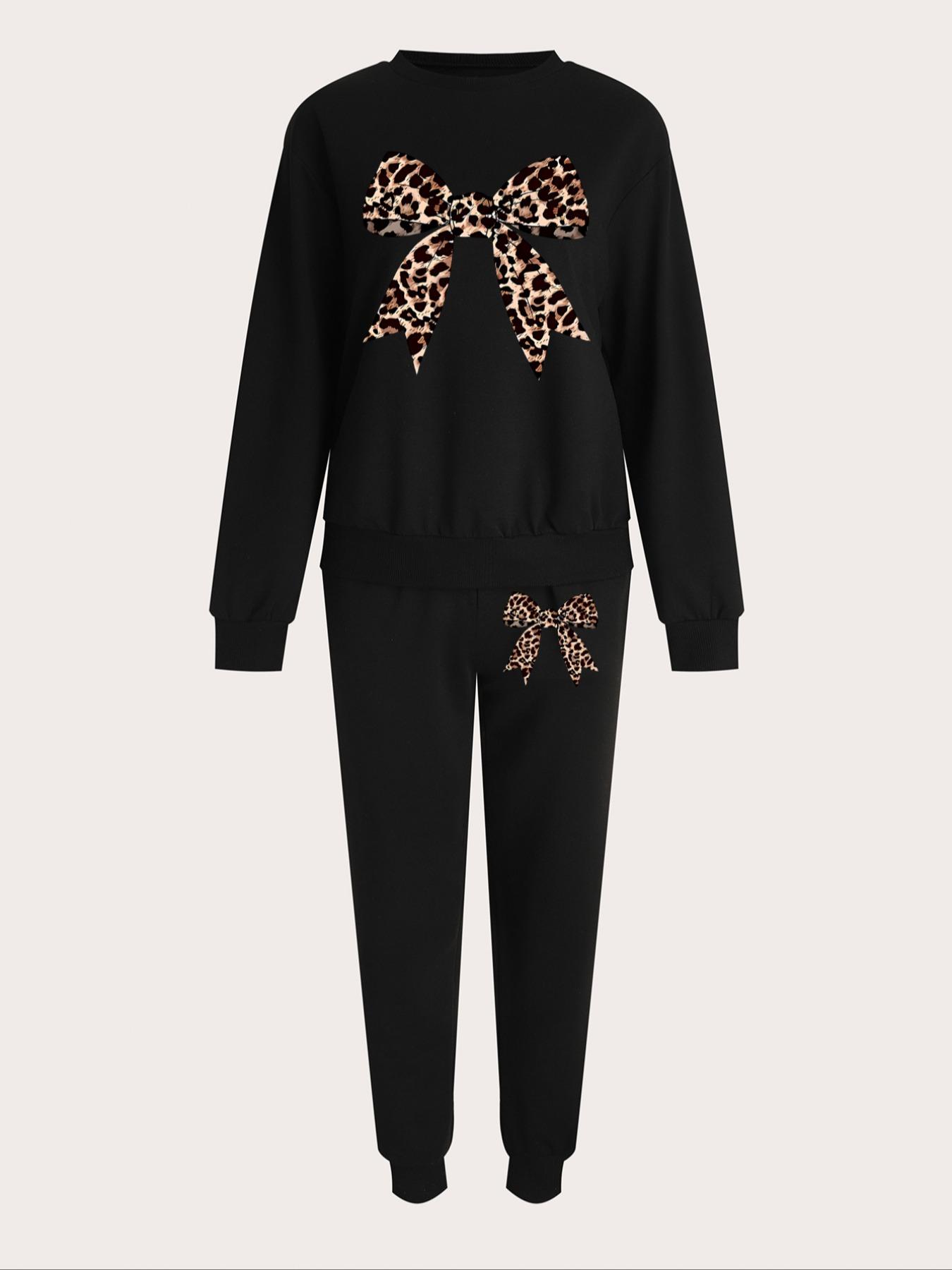 Women's Leopard Bow Print Sweatshirt Set, Long Sleeve Round Neck Top, Drawstring Pants, Casual Fitted for Fall Winter
