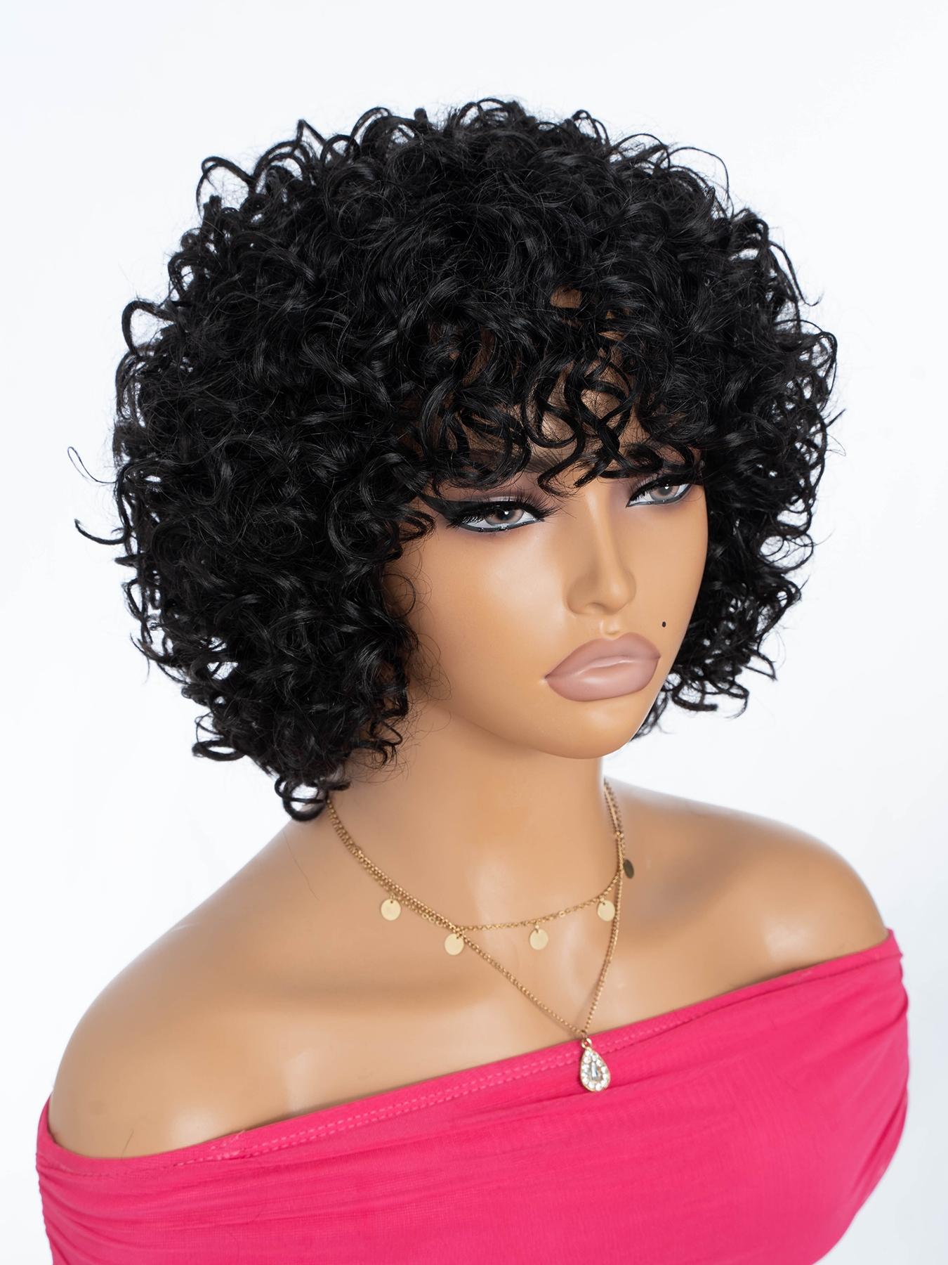 10-Inch Highlight Curly Human Hair Wig with Bangs, Natural  display picture 2