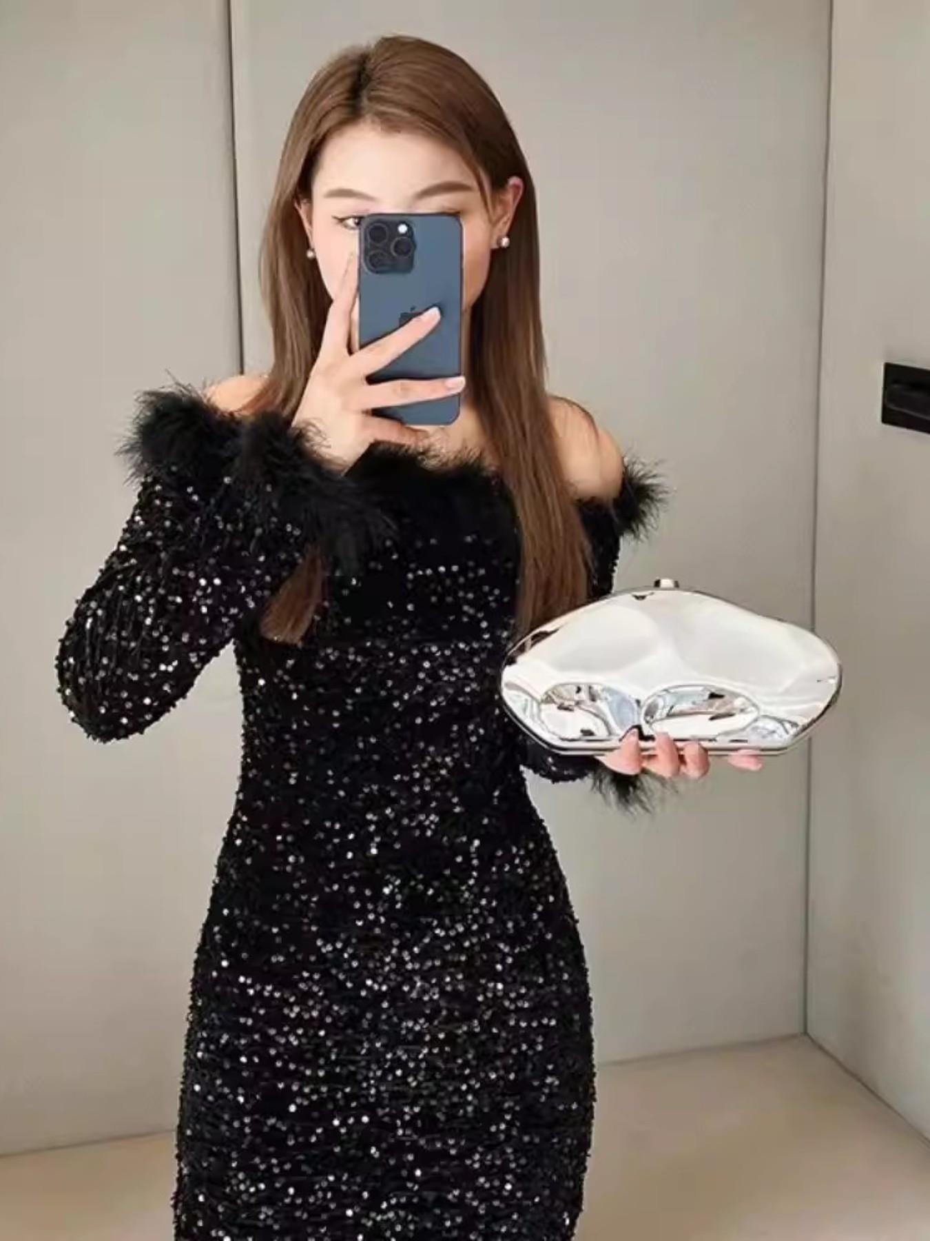 Elegant Acrylic Shoulder Clutch, Cute New Fashion Evening Bag, Luxury Crossbody Bag, Silver Gold Bead Handbag, Small Oval Shiny Handheld Bag, Trendy Chain Multi-Use Bag