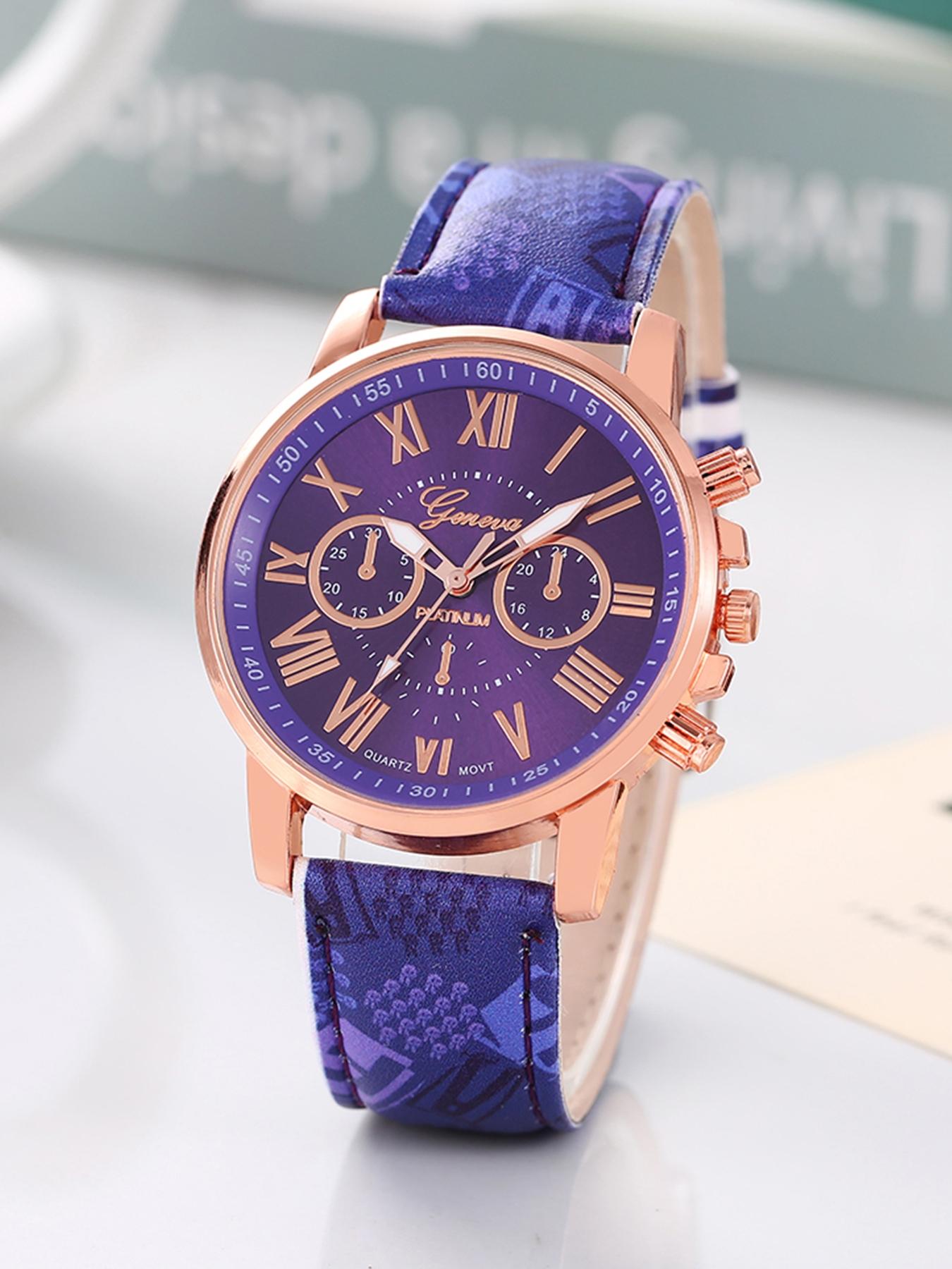 6-piece set of ladies' wristwatch leather straps, Geneva quartz watches with faux three-eye Roman numerals, fashionable ladies' watch set