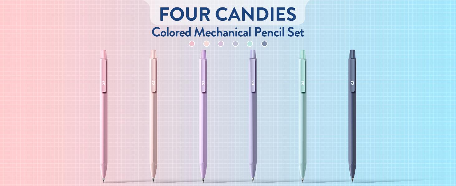 Four Candies Cute Mechanical Pencil Set, 6PCS Pastel Mechanical Pencils 0.5 & 0.7mm with 360PCS HB Leads, 3PCS Erasers and 9PCS Eraser Refills, Aesthetic School Supplies for Girls Writing Art Materials