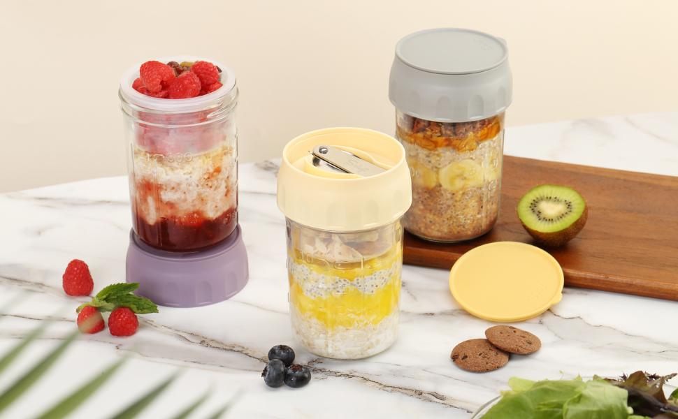 Soligt Overnight Oats Containers with Lids, Folding Spoons, and Divided Compartments for Fruit & Nuts, Small Glass 16oz Mason Jars for Oatmeal Yogurt Parfait Kitchen Utensils Portable Plastic Travel meal prep containers
