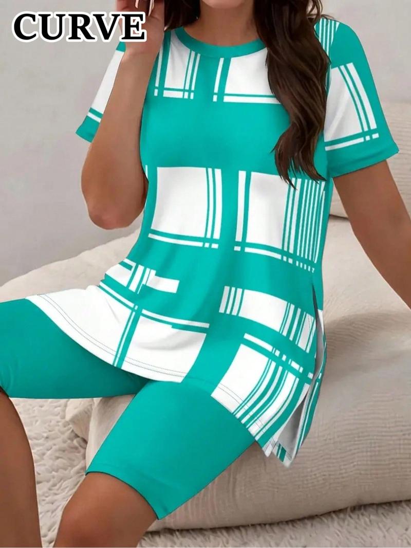 【Plus Size】 Short Sleeve Tee & Skinny Shorts Two-Piece Set, Casual Round Neck T-shirt & Shorts, Women's Outfits for Summer