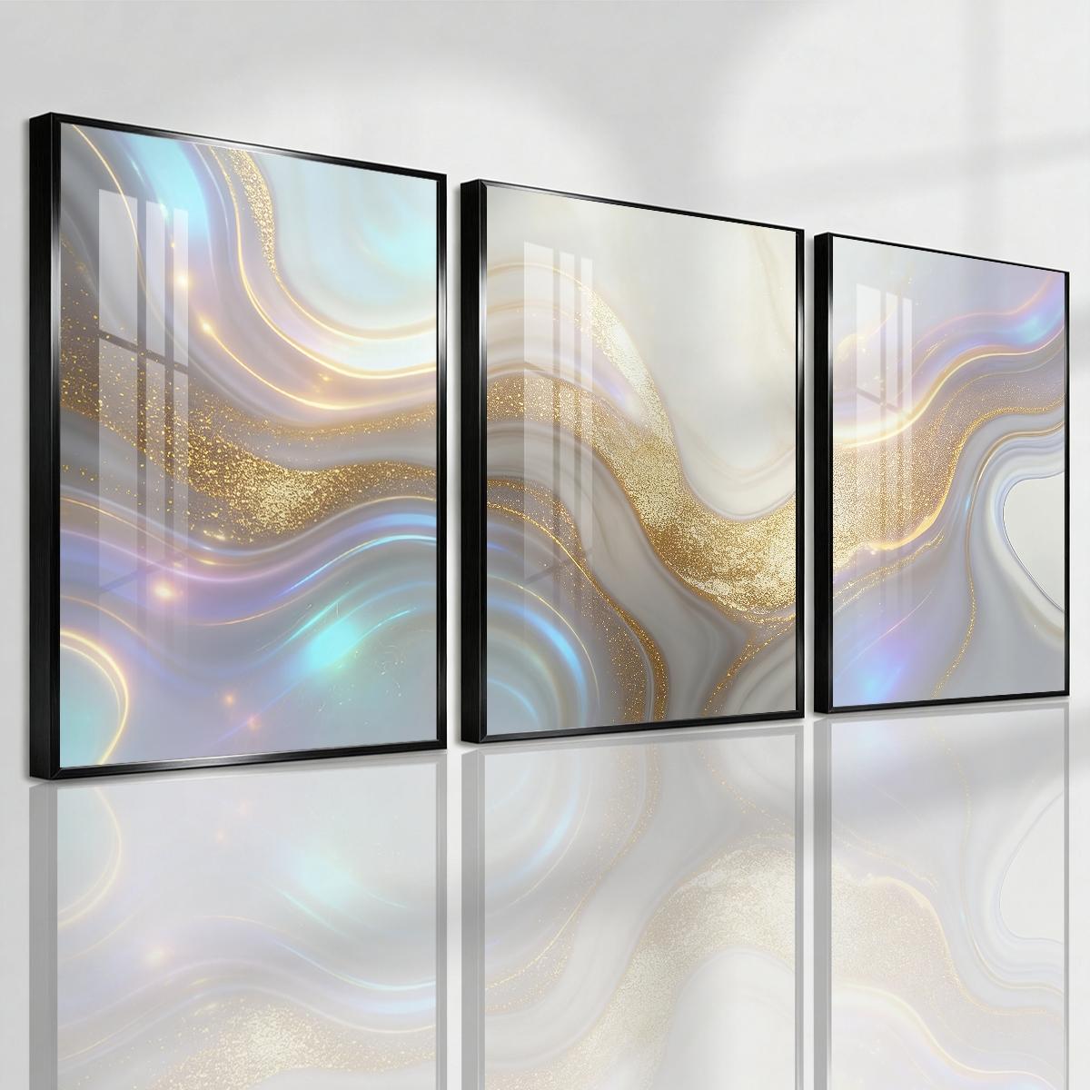 3 Counts Aluminum Alloy Framed Painting, Abstract Golden And Silver Fluid Art Pattern, Home Decoration For Living Room, Bedroom, Office, Restaurant, Hallway Wall Decor, Odorless Print Artwork, Luxury Perfect Gift For Friends And Family