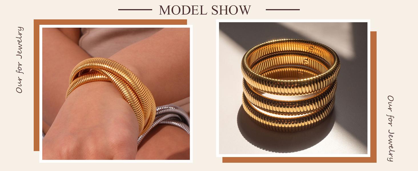 Gold Stretch Snake Chain Bangle for Women – Trendy Chunky Metal Bracelet, Gold Stackable Cuff Bracelet