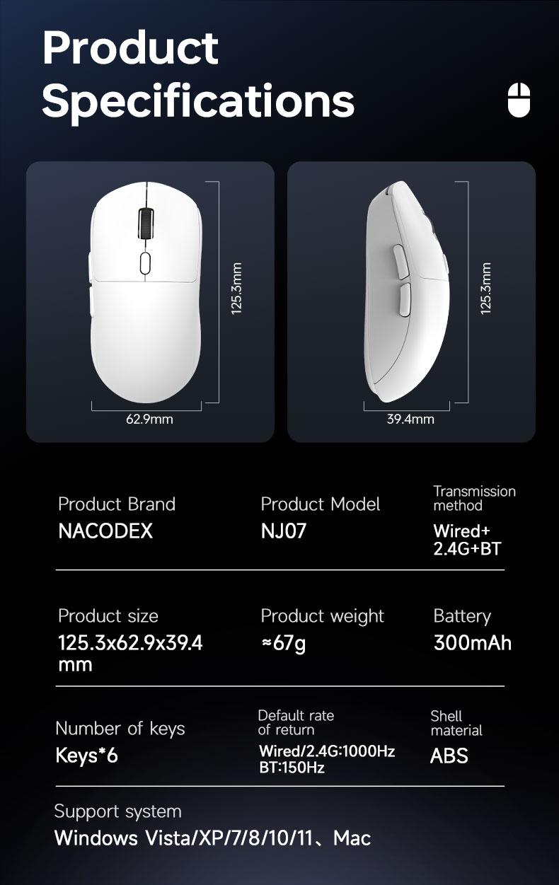 AJAZZ NJ07 Wireless Game Mouse Soft Tone Buttons 1k Hz Rate of Return 2.4G+Wired+BT Six Gear DPI Adjustment 12800 Lightweight 67g Multi-system Support for E-sports and Office, Pc Accessories Gaming