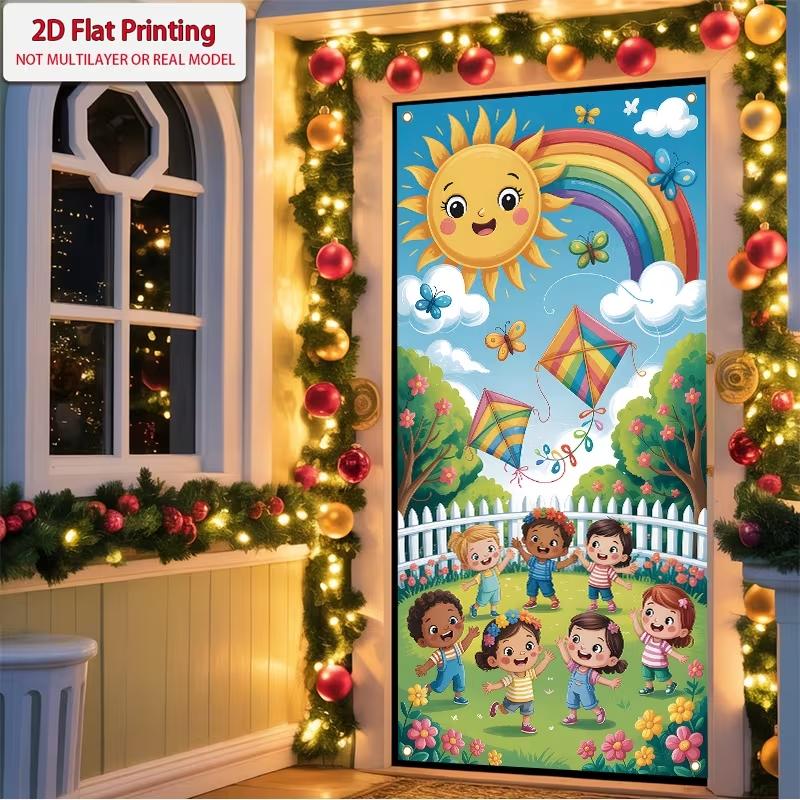 2D Flat Happy Kids Spring Summer Door Banner, Cartoon Sun Rainbow Kite Garden Backdrop, Kids Birthday Party Classroom Decor