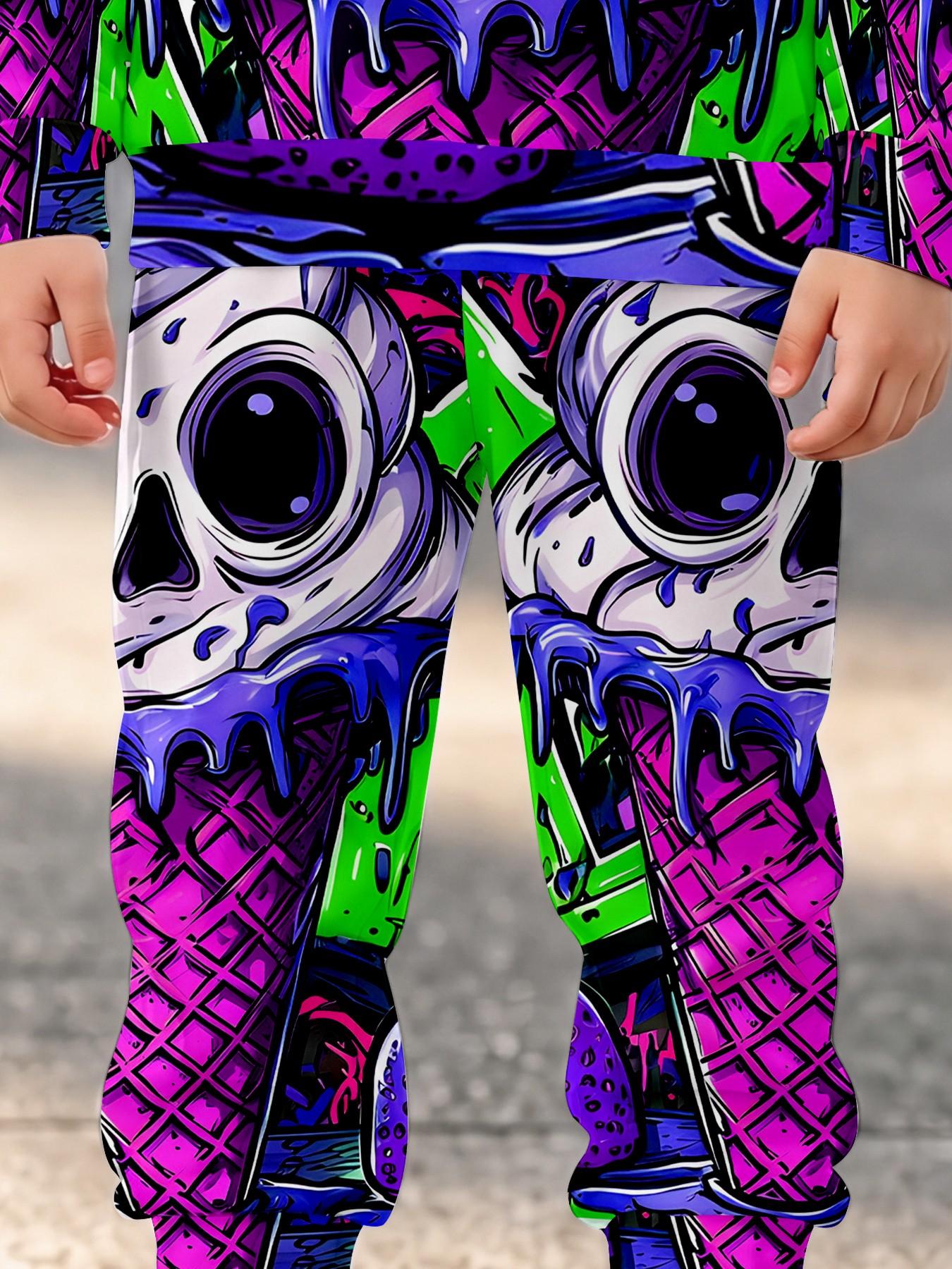 Boys' Creative Skull Ice Cream Full Print Set, Long Sleeve Loose-Fit Sweatpants, Casual Fall & Winter, All over Print Design