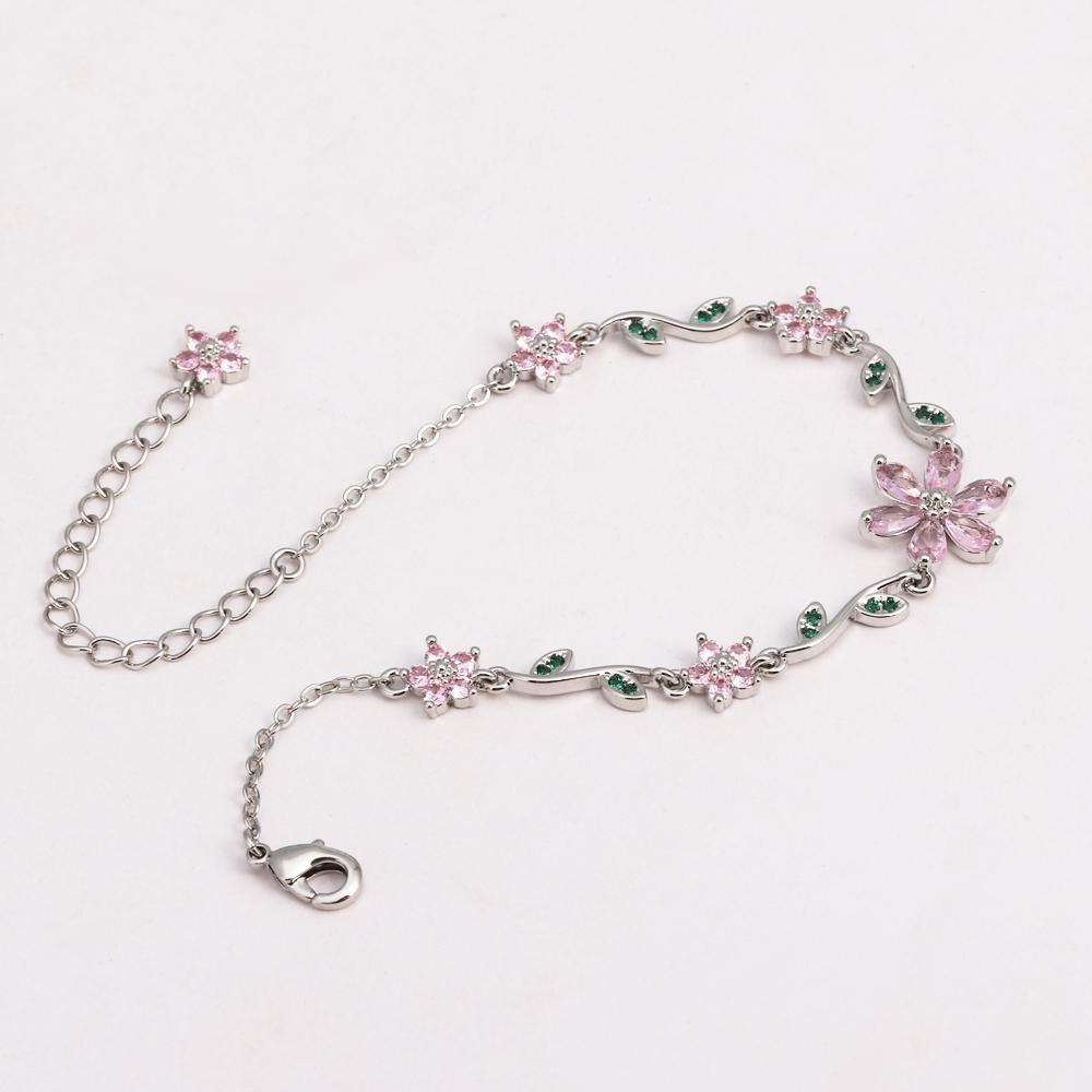 Luxury Pink Zircon Flower Bracelet For Women Girls Sweet Gold Color Crystal Adjustable Bracelet Jewelry Gift