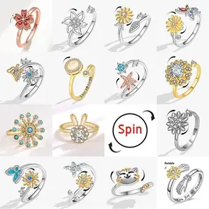 Fashion Cherry Blossom Anxiety Ring Fidget Spinner Rings for Women Cute Cat Bee Bunny Butterfly Rotating Ring Wedding Gift