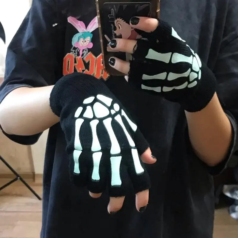 Halloween Skeleton Fingerless Gloves, Glow in the Dark Skull Knit Gloves for Men & Women, Soft Stretch Gothic Punk Half Finger Mittens, Alternative Fashion Accessory for Cosplay, Festivals, Winter & Daily Wear